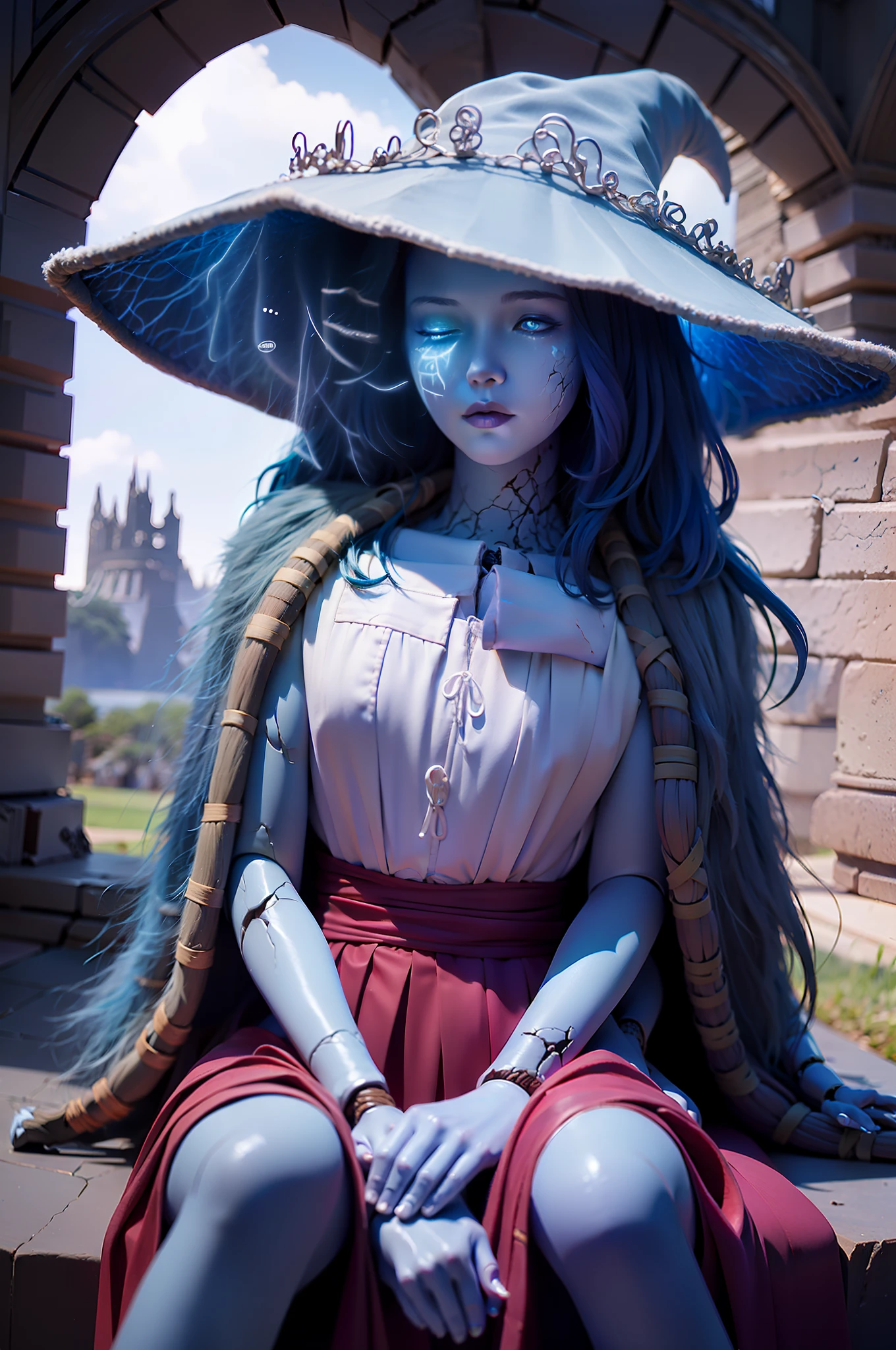 Ranni the witch from Elden ring, a woman in a blue hat and red dress, Blue skin color, wearing witch costume, one close eye with a scar on her face, one opened eyes with charming face and looks, charming eye artwork in the style of guweiz, fantasy art style, wlop and artgerm, artgerm and atey ghailan, extremely detailed artgerm, wlop | artgerm, stanely artgerm, ig model | artgerm, style artgerm