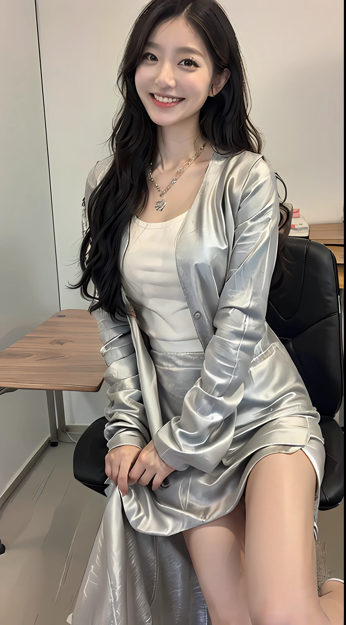 ((top-quality、8K、masterpiece:1.3))、((1womanl))、((A Japanese Lady))、((A MILF))、((45 yers old))、((slim figure))、((Female Ophthalmologist))、((Detailed eye examination room))、((Office Desk))、((Detailed office chair))、((Sitting on an office chair))、((beautifully detailed hair))、((Float NovaFrogStyle))、((Black hair Long hair))、((Extraordinary beauty))、((Beautiful and ultra-detailed face))、((Smiling kindly))、((Detailed lab coat))、((Beautiful and detailed scruff))、((Detailed necklace))、((Beautiful and detailed hands))、((Detailed long skirt))、(( Pulling up a skirt))、((Beautiful and detailed thighs))、((Luxurious and detailed white panties))、((Detailed beautiful legs))、
