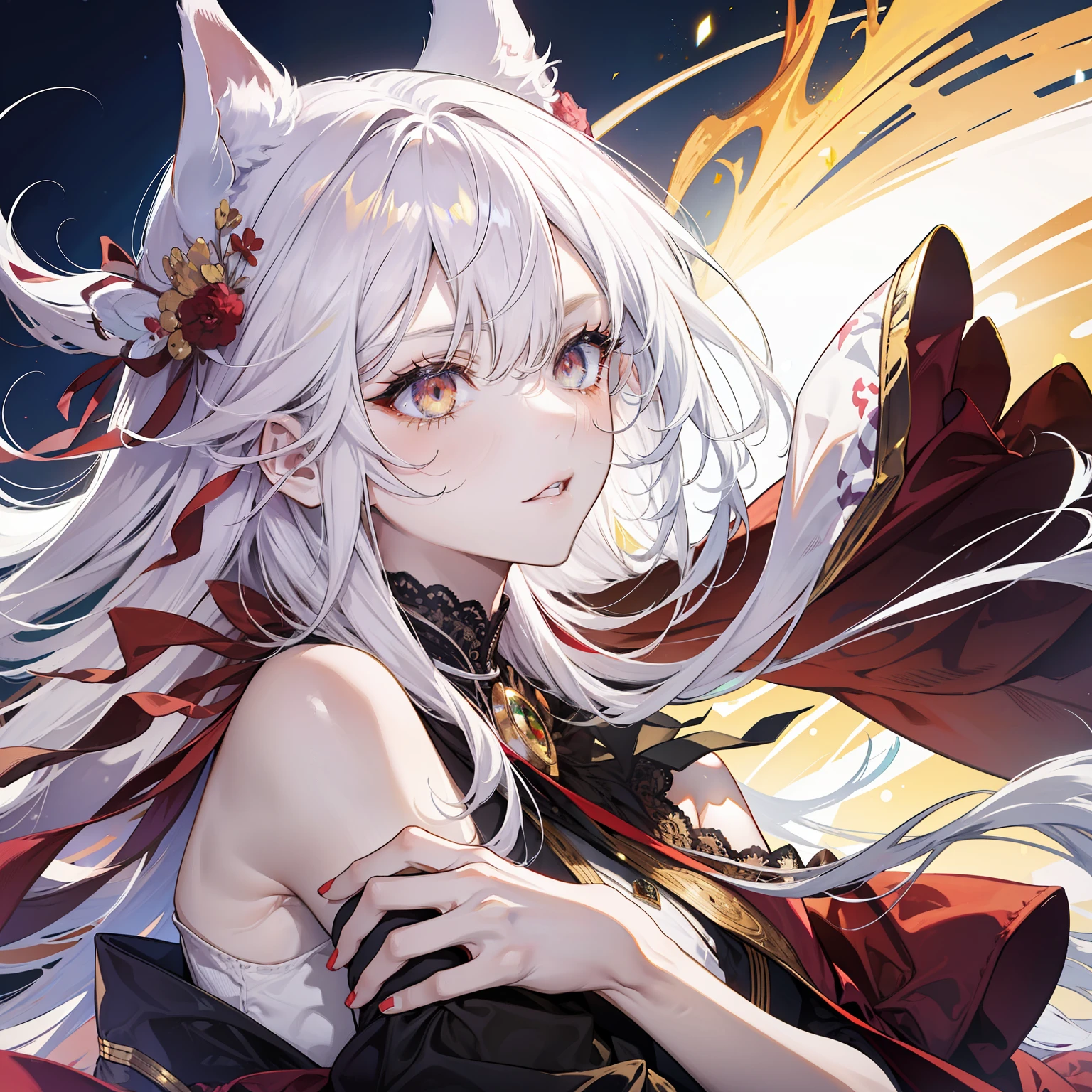cat ears girl,White hair and golden eyes,Red eyeshadow