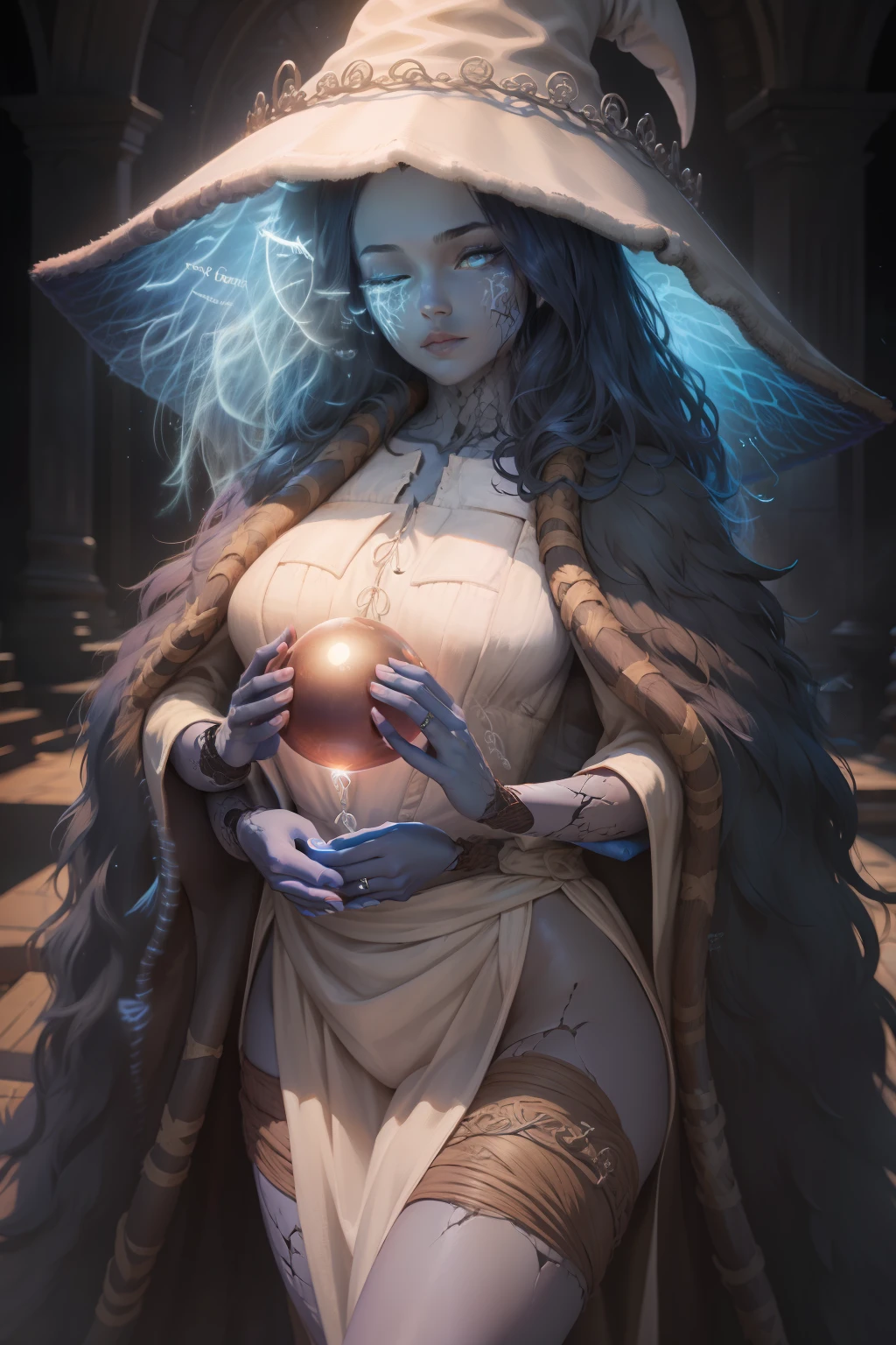 a woman dressed as a witch holding a crystal ball, a digital painting, by Yuumei, alphonse mucha and rossdraws, glowing blue, priestess in a conical hat, cgsociety - w 1 0 2 4 - n 8 - i, seraphine ahri kda, commission for, flower goddess, :: rossdraws, yennefer