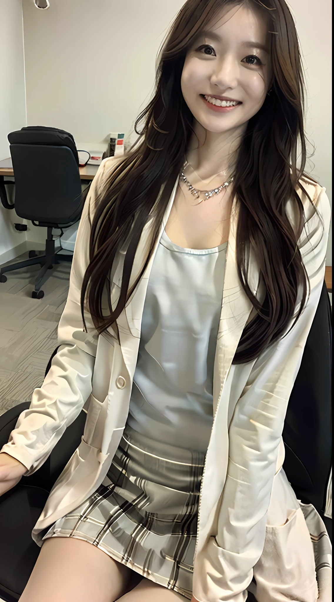 ((top-quality、8K、masterpiece:1.3))、((1womanl))、((A Japanese Lady))、((A MILF))、((45 yers old))、((slim figure))、((Female Ophthalmologist))、((Detailed eye examination room))、((Office Desk))、((Detailed office chair))、((Sitting on an office chair))、((beautifully detailed hair))、((Float NovaFrogStyle))、((Black hair Long hair))、((Extraordinary beauty))、((Beautiful and ultra-detailed face))、((Smiling kindly))、((Detailed lab coat))、((Beautiful and detailed scruff))、((Detailed necklace))、((Beautiful and detailed hands))、((Detailed long skirt))、(( Pulling up a skirt))、((Beautiful and detailed thighs))、((Luxurious and detailed white panties))、((Detailed beautiful legs))、