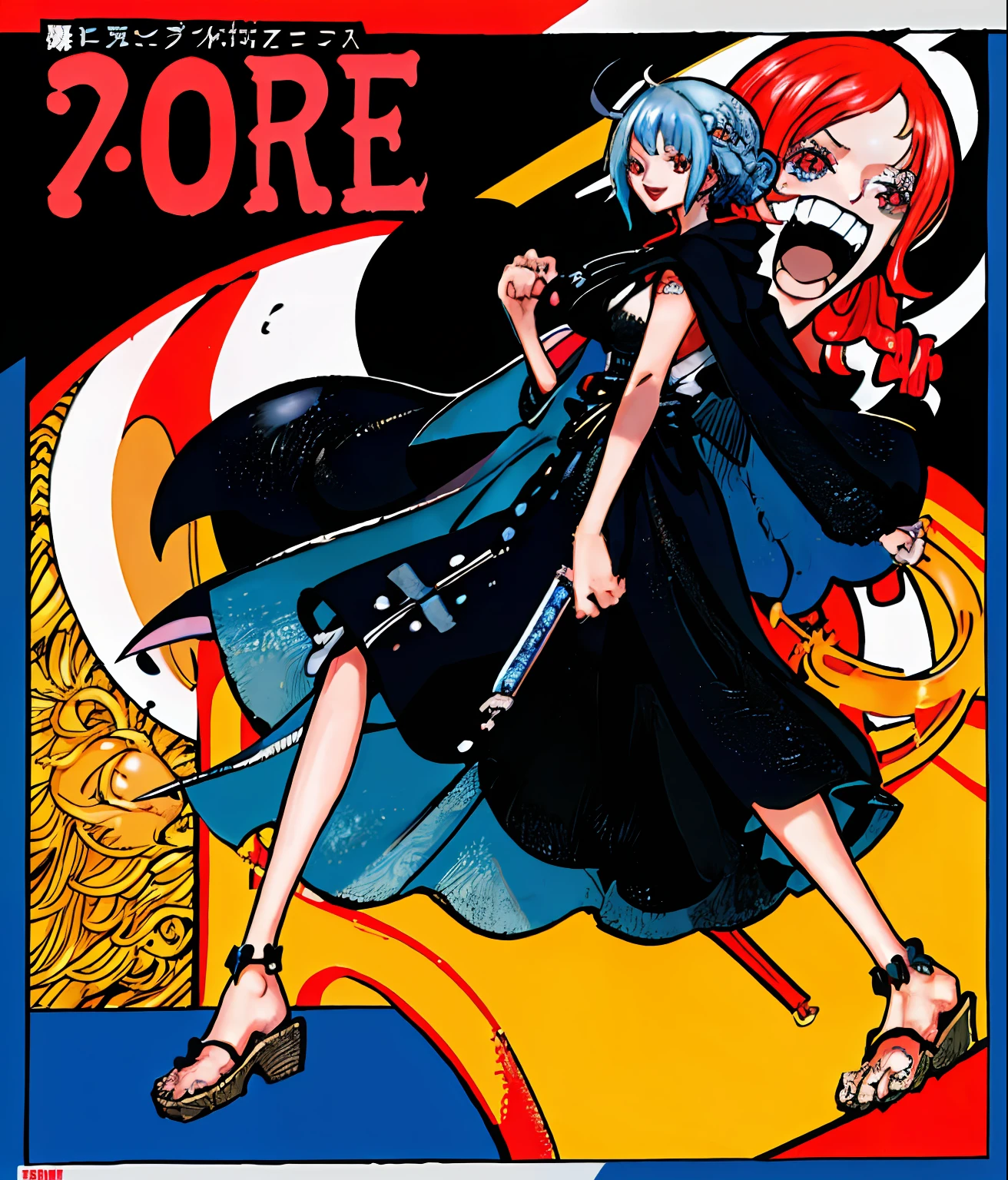 masutepiece, Fine detail, 4K, 8K, 12K, Solo, 1 person, Beautiful Girl, caucasian female, One-piece style image, Light blue hair, Red Eyes, Short hair, 15 years old, Short stature, black robes, Black hood,Clothes with a long hem、Full black clothes、brown braided sandals