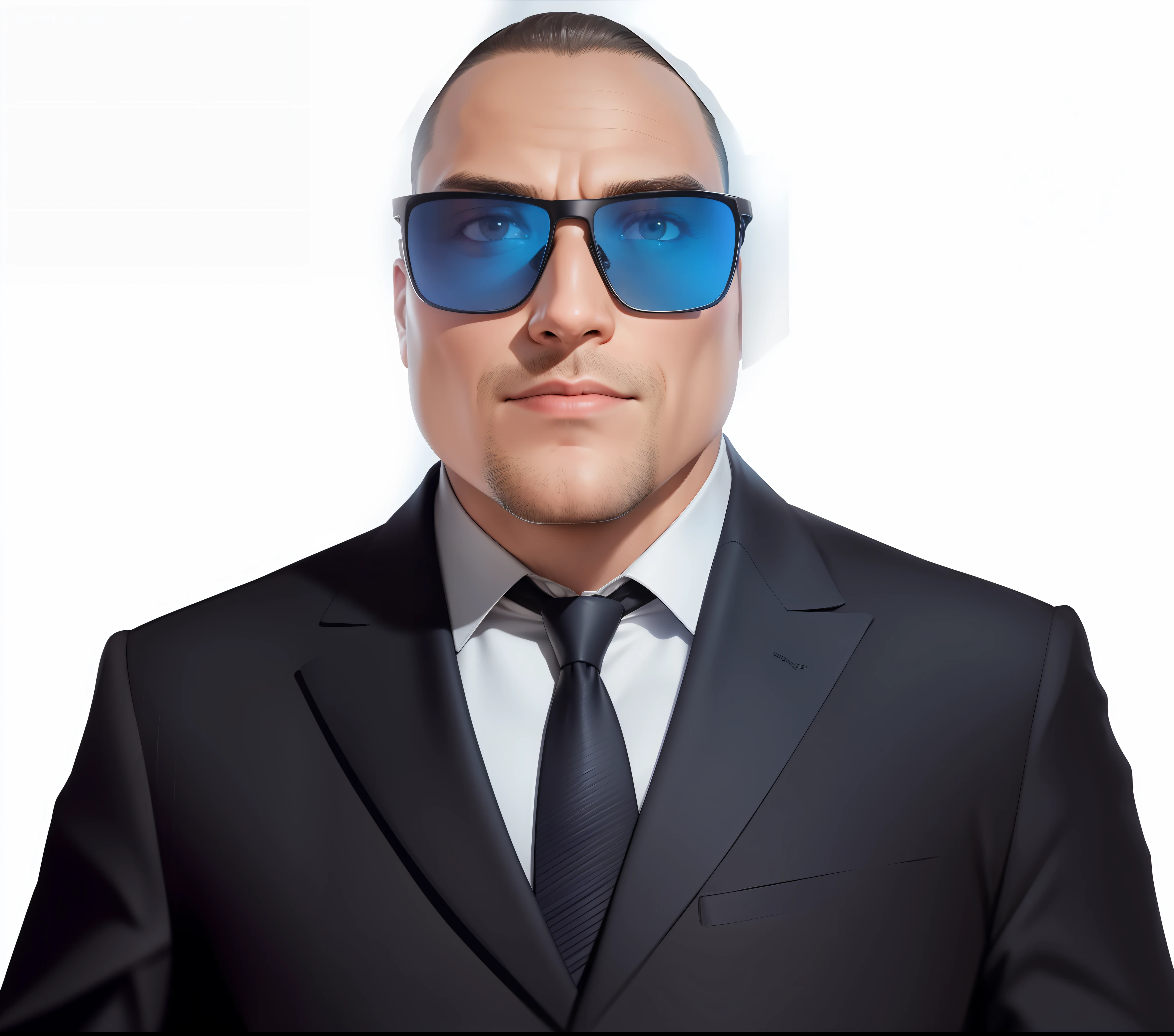 Foto RAW, 1 homem, vestindo (Black suit and tie with blue sunglasses 1.2), intrincado, elegante, altamente detalhado, profundidade de campo, natural  lightting, Rigid focus, ray-traced, (sorriso maligno: 1.2), 8k uhd, dslr, soft-lighting, alta qualidade, grain of film, Fujifilm XT3