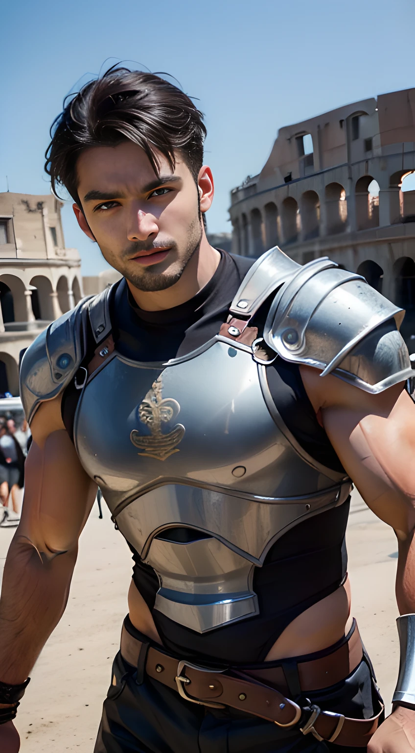((Men only)), (head shot), (frontal face), (Tanned handsome muscular male gladiator in his 20s), Warrior tied up with chiseled physique, Dressed in formidable blue armor, Exude strength and determination in every stance, (Ancient Roman Colosseum in the background), (Johnny Edlind), Mischievous smile, (detaile: 1 in 1), Natural muscles, HIG quality, beautidful eyes, (Detailed face and eyes), (Face、: 1 / 2), Noise, Real Photographics、... ...............................................................................................................PSD, Sharp Focus, High resolution 8K, realisitic & Professional Photography, 8K UHD, Soft lighting, High quality, Film grain, FujifilmXT3
