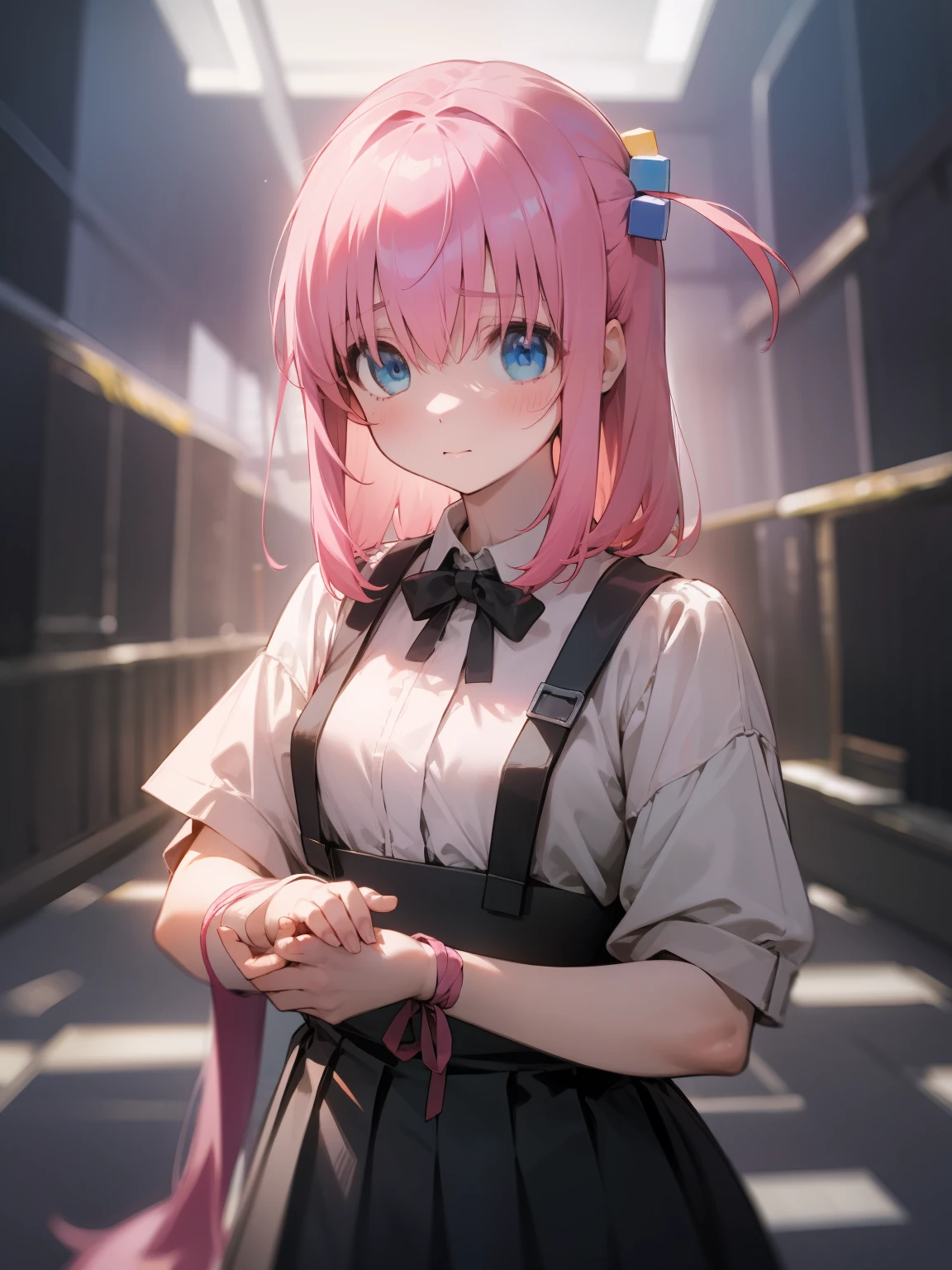 Bocchi, hitori gotoh, 1girl, pink hair, high quality, best quality, masterpiece, (highly detailed:1.2), (extremely detailed:1.3), blue eyes, string ribbon, high-waisted skirt