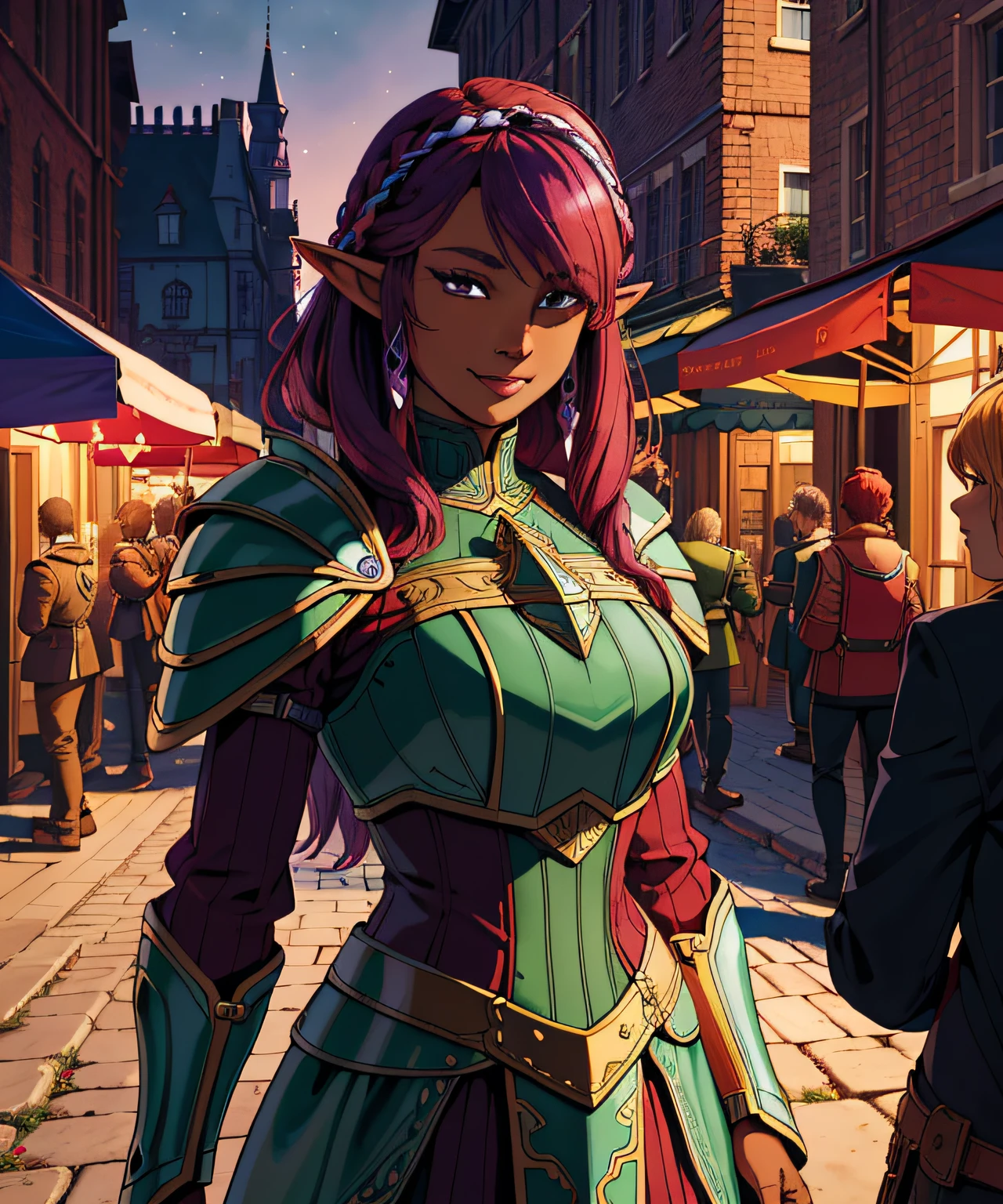 (Original art:1.2),(linear art:1.31), 1 woman portrait elf paladin chatting with intricate armor and maroon hair on market, dark-skin,(Depth),(sport:1.3),Gothic Square,Unusual shots,(hyperdefined),cheerfulness,Purple-red-green,Fantasy Victorian aesthetics,complex lighting,(ultradetailed),(finedetail:1.3),RAW-format,perfectanatomy,(limited palette)