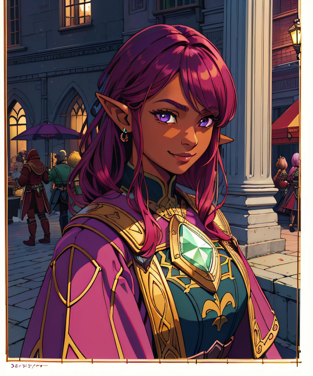 (Original art:1.2),(linear art:1.31), 1 woman portrait elf paladin chatting with intricate armor and maroon hair on market, dark-skin,(Depth),(sport:1.3),Gothic Square,Unusual shots,(hyperdefined),cheerfulness,Purple-red-green,Fantasy Victorian aesthetics,complex lighting,(ultradetailed),(finedetail:1.3),RAW-format,perfectanatomy,(limited palette)