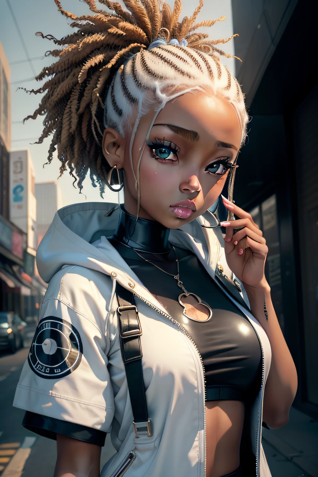 plastican00d, african american girl, african american elegant girl, 1girls, light skinned african young girl, Chibi T-Shi, The cyberpunk, Luxury fabrics, dither, Ice cream texture, Profound, fall background,