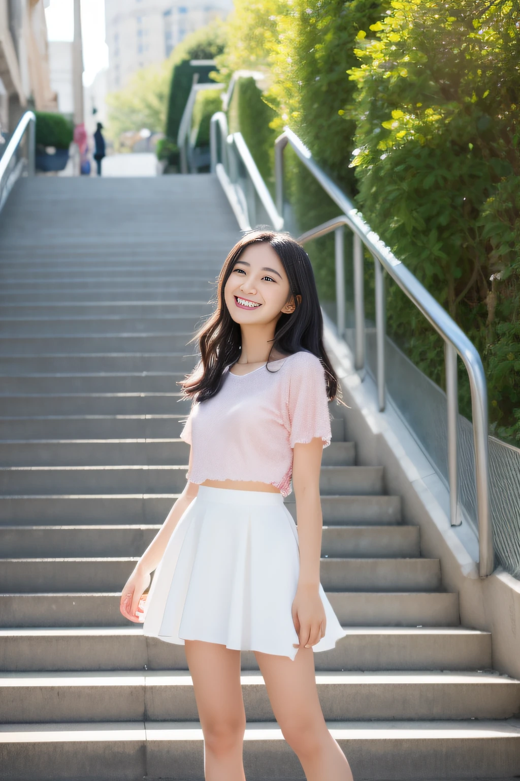 (masterpiece、hightquality、high-level image quality)、(Girl just graduated from high school、Tension climbing the stairs of adults)、(Glittery black hair、bob、Clear eyes)、(With dreams and hopes、Casual cute outfit、Fashionable)、(perfect anatomia、Precise and perfect limbs、Perfect physiology)、Walking around the city on holidays、Feeling excited、Beautiful face and body、Healthy mind and body、smile、Fluttering hair、