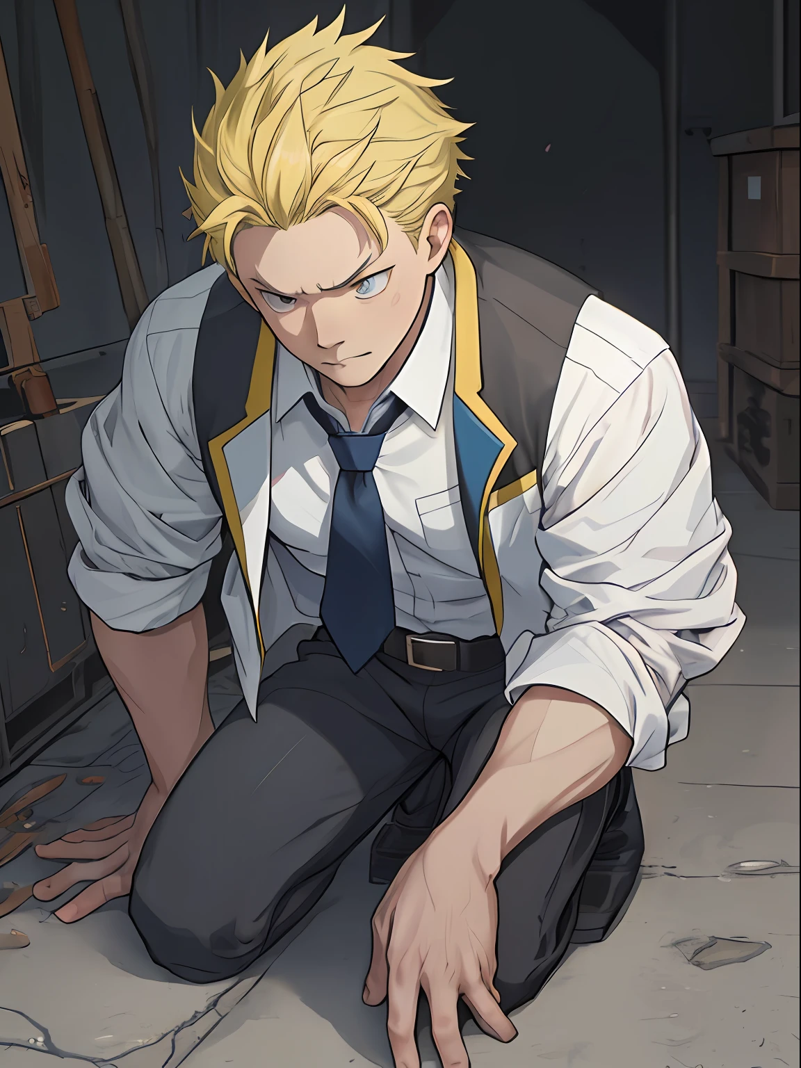 (1 Adult male),A high resolution, Sharp focus, Pixiv masterpiece, ((Complicated details)), highly detailed, natsuki_subaru, 1 man,Defeat, crestfallen,full bodyesbian,kneels on the ground, (A gesture of pleading),blue color eyes(eyes glowing), Short yellow hair,white shirt,Wear a tie,Wear a belt,perspire,look from down