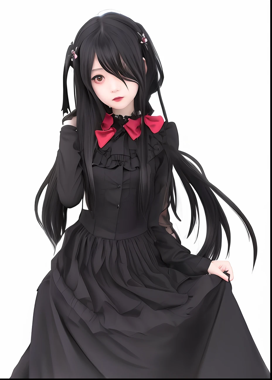 anime girl in black dress with long black hair and red bow, anime girl wearing a black dress, gothic maiden anime girl, loli in dress, by Jin Homura, anime girl with long hair, emo anime girl ,realistic ,ultra detail