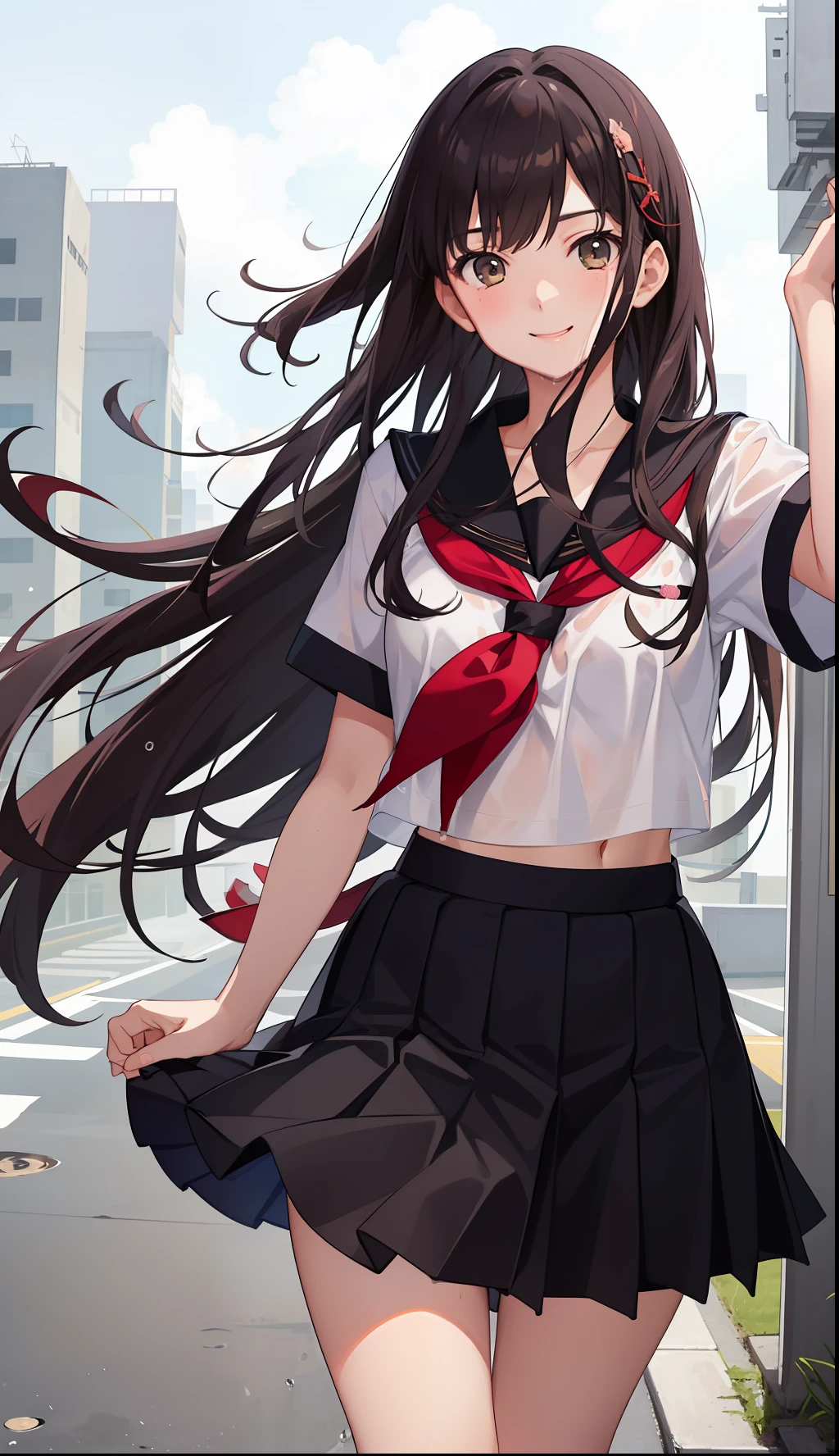 1girl in、A smile、The shirt、skirt by the、（small tits）Chilarism、Japan High School Student Uniform、serafuku、summer clothing、Squall Drenched Uniform、（Sheer Bra）、Upper body portrait、Skirt soars in the wind、