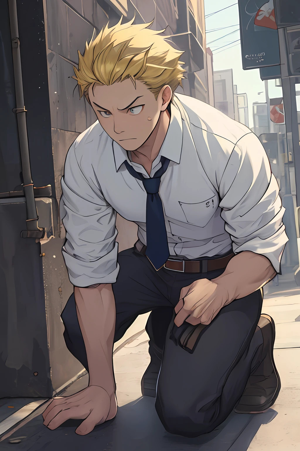 (1 Adult male),A high resolution, Sharp focus, Pixiv masterpiece, ((Complicated details)), highly detailed, natsuki_subaru, 1 man,Defeat, crestfallen,full bodyesbian,kneels on the ground, (A gesture of pleading),blue color eyes(eyes glowing), Short yellow hair,white shirt,Wear a tie,Wear a belt,perspire,look from down
