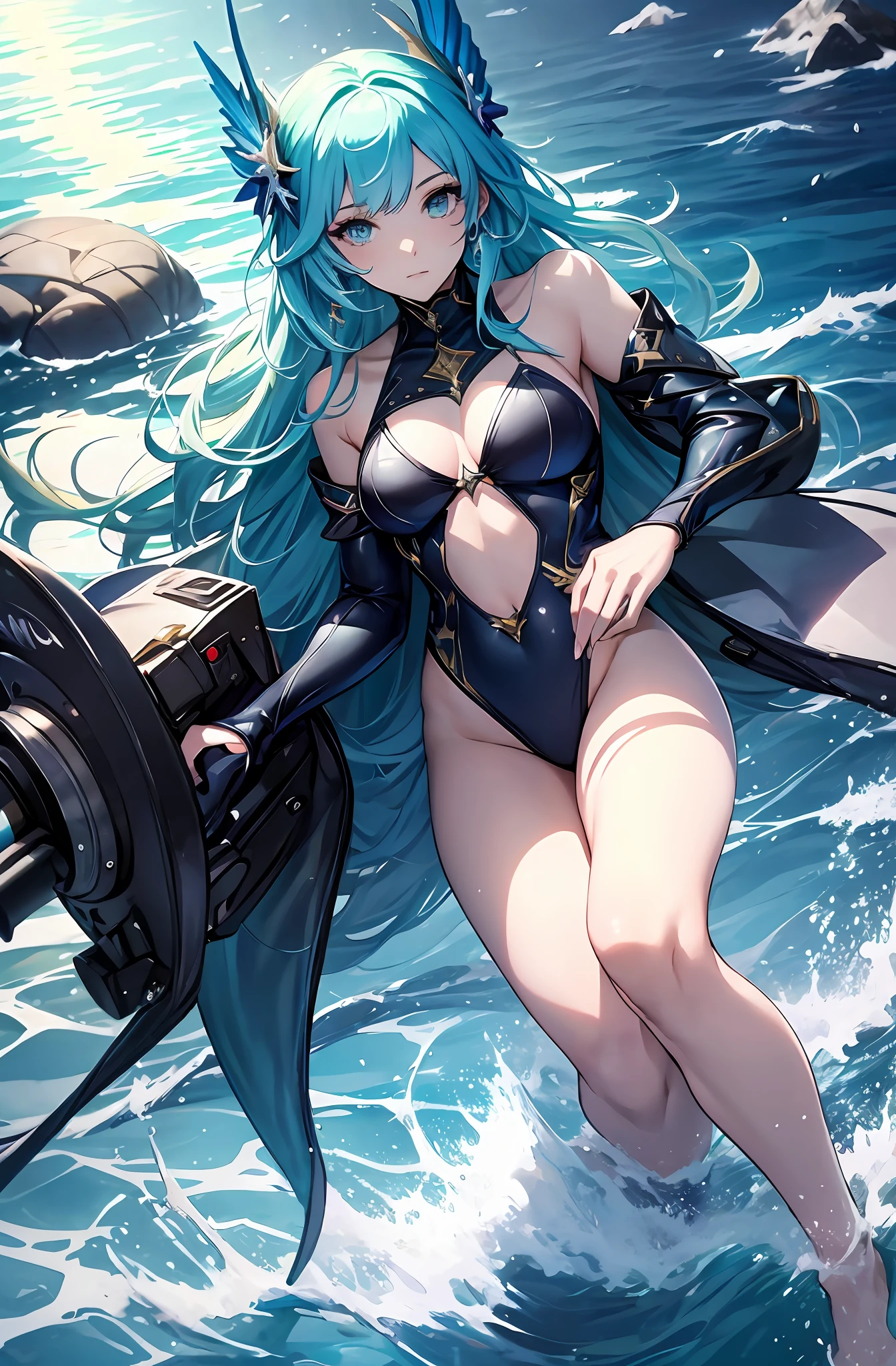best qualityer,tmasterpiece,Ultimate resolution,downy,Extremely colorful,Colorful,Mermaid princess,cabellos largos dorados,a matural female,blue bikini,The kinky is exposed,The barefoot,the ocean,blue skinsuit,Normal posture