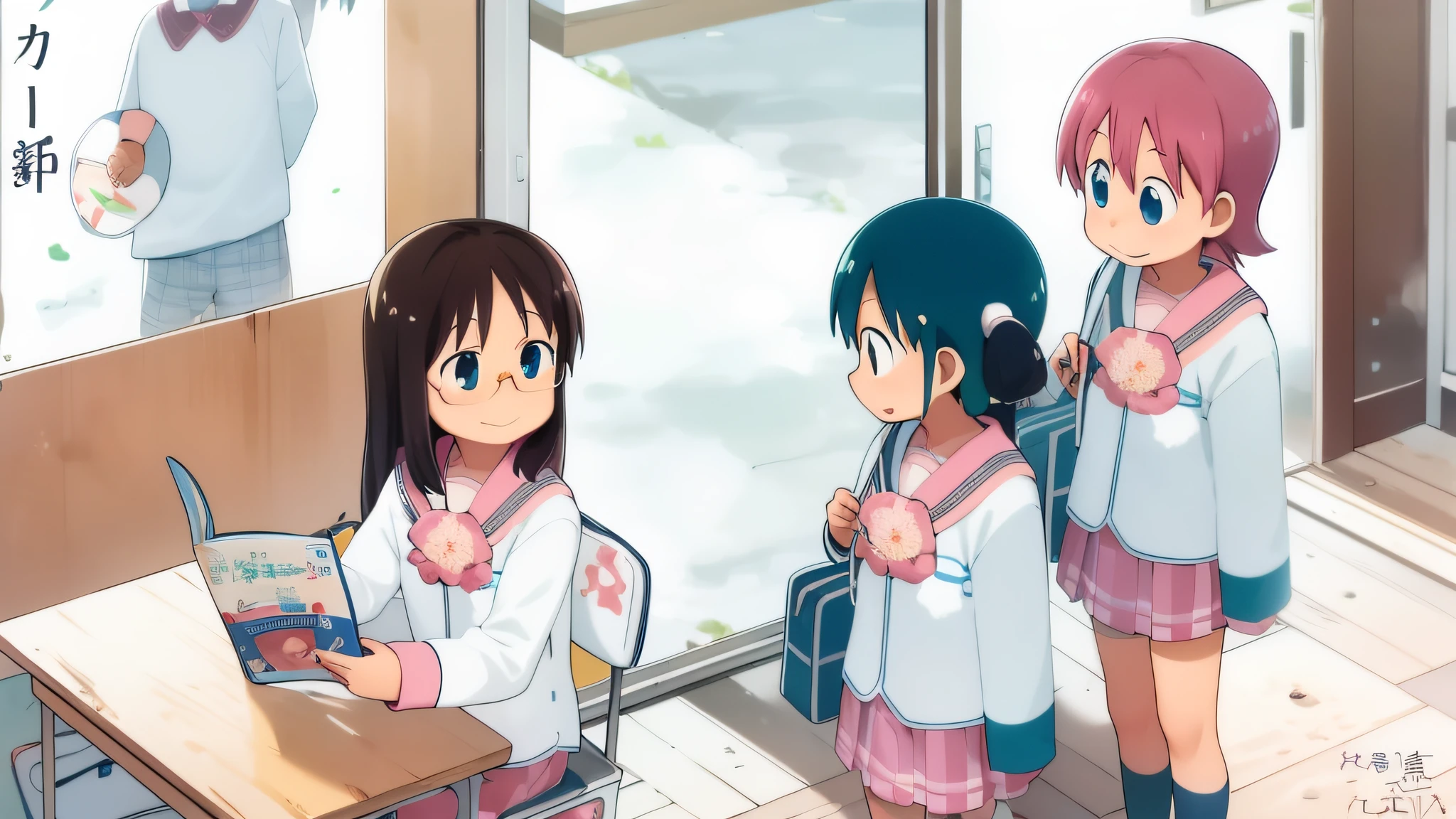 Anime characters hold a book and a book in their hands, nichijou, nagatoro, Japanese animation style, in style of kyoto animation, kyoani, yuruyuri, cheerfulness!!!, Japanese cartoon style, Anime moe art style, Loli, An anime cover, shirabii, komono, cushart, eechi