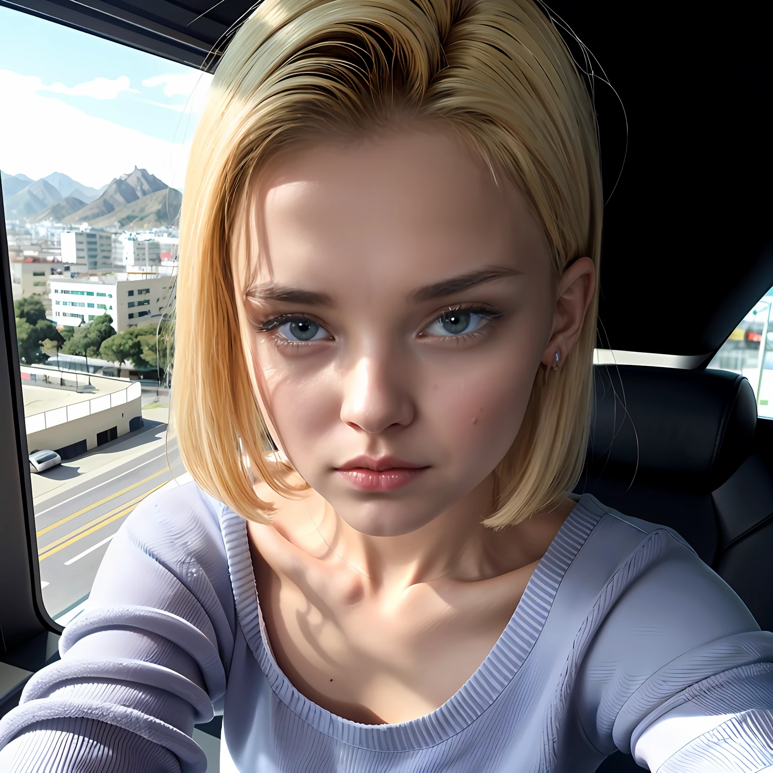 (Mejor calidad, 8k, 32k, obra maestra, UHD: 1.2), foto de una increible mujer europea hermosa, piel blanca, labios rojos, ojos azules, pechos grandes, cabello bob muy corto, toma de cuerpo completo, enfoque facial, oversized_sweater, no pants, collar, fondo simple, desde arriba, mirando al espectador, Android18DB