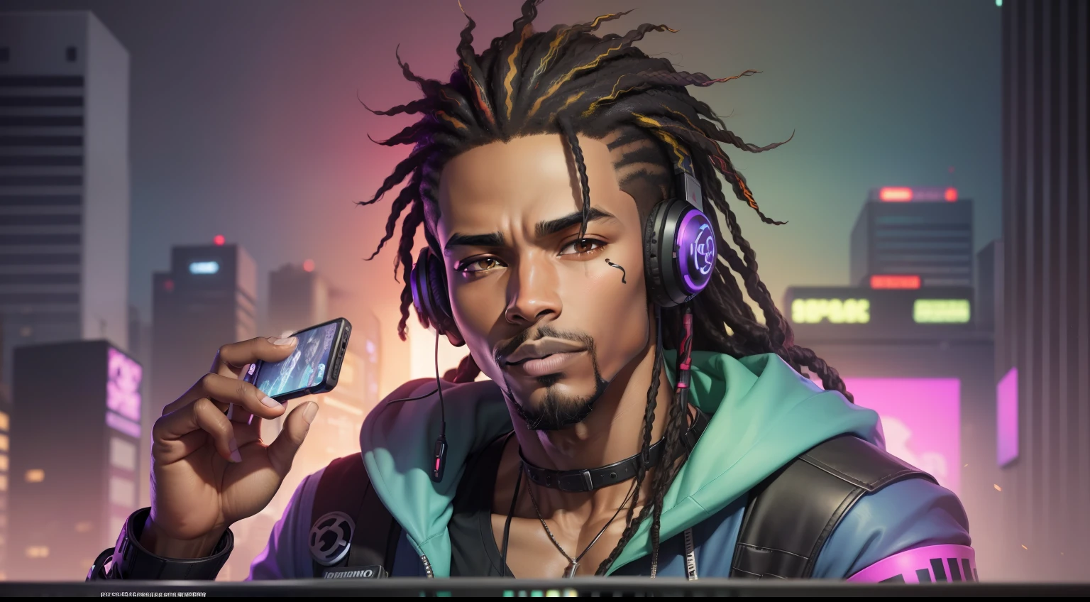 African american man with peace sense headset, open eyes, beautiful face, dark brown skin, RGB colors, anime black dreadlocks long hair, neat goatee and chinstraps with soul patch, banner for youtube video, intelligent man, cyberpunk style office with RGB colors., bright RGB colors.