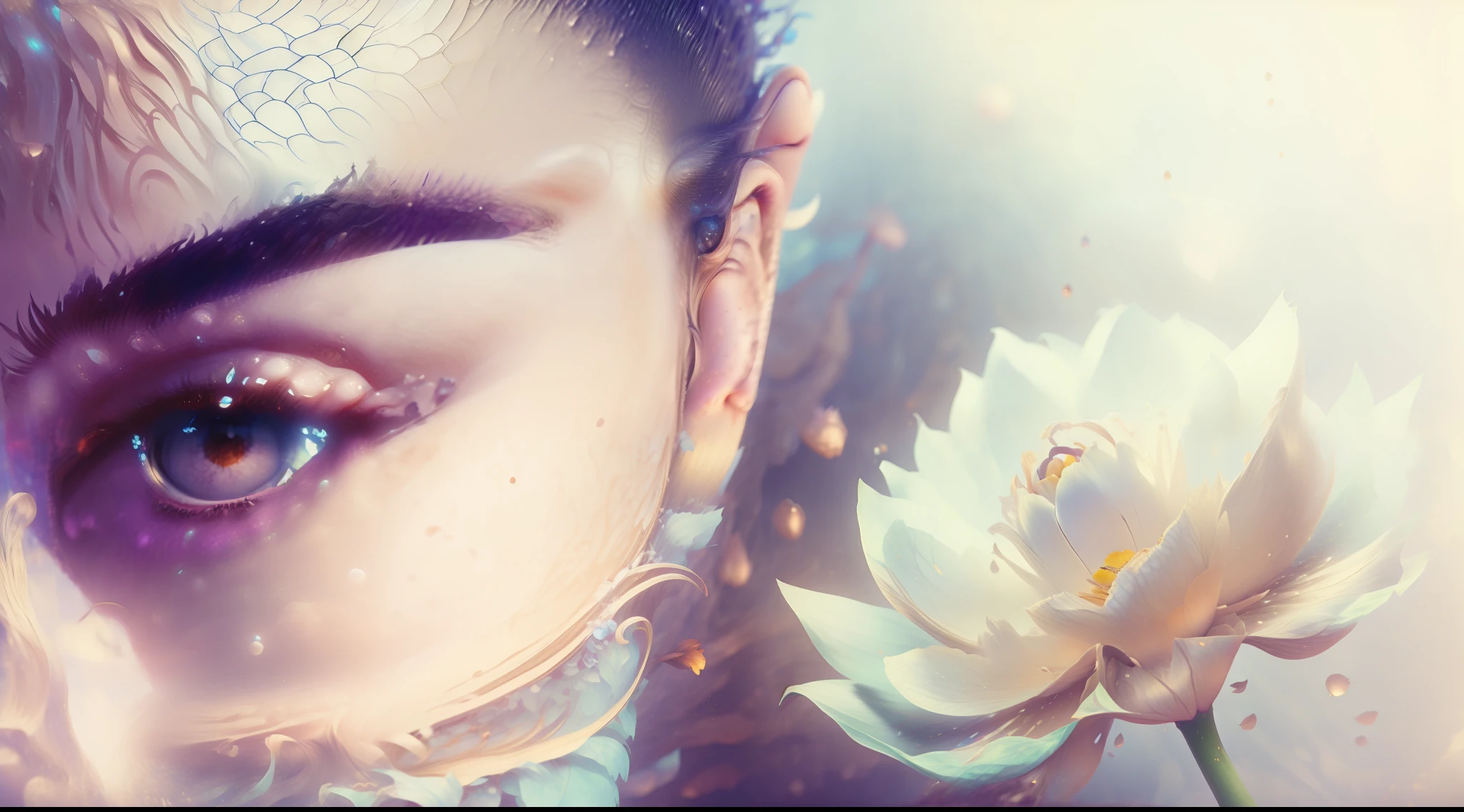 lotus flower,realisticlying,Bokeh,light particules,very highly detailed background,detailed face with,Detailed and complex busy background,Untidy,opulent,milkyW,Highly detailed hands,Realistic details of skin,Visible Pore,tack sharp focus,volume fog,8K UHD,digital SLR camera,high qulity,filmgrain,White skin of the,photo-realism,lomo graphy,Huge metropolis in a dystopia of the future , look from down