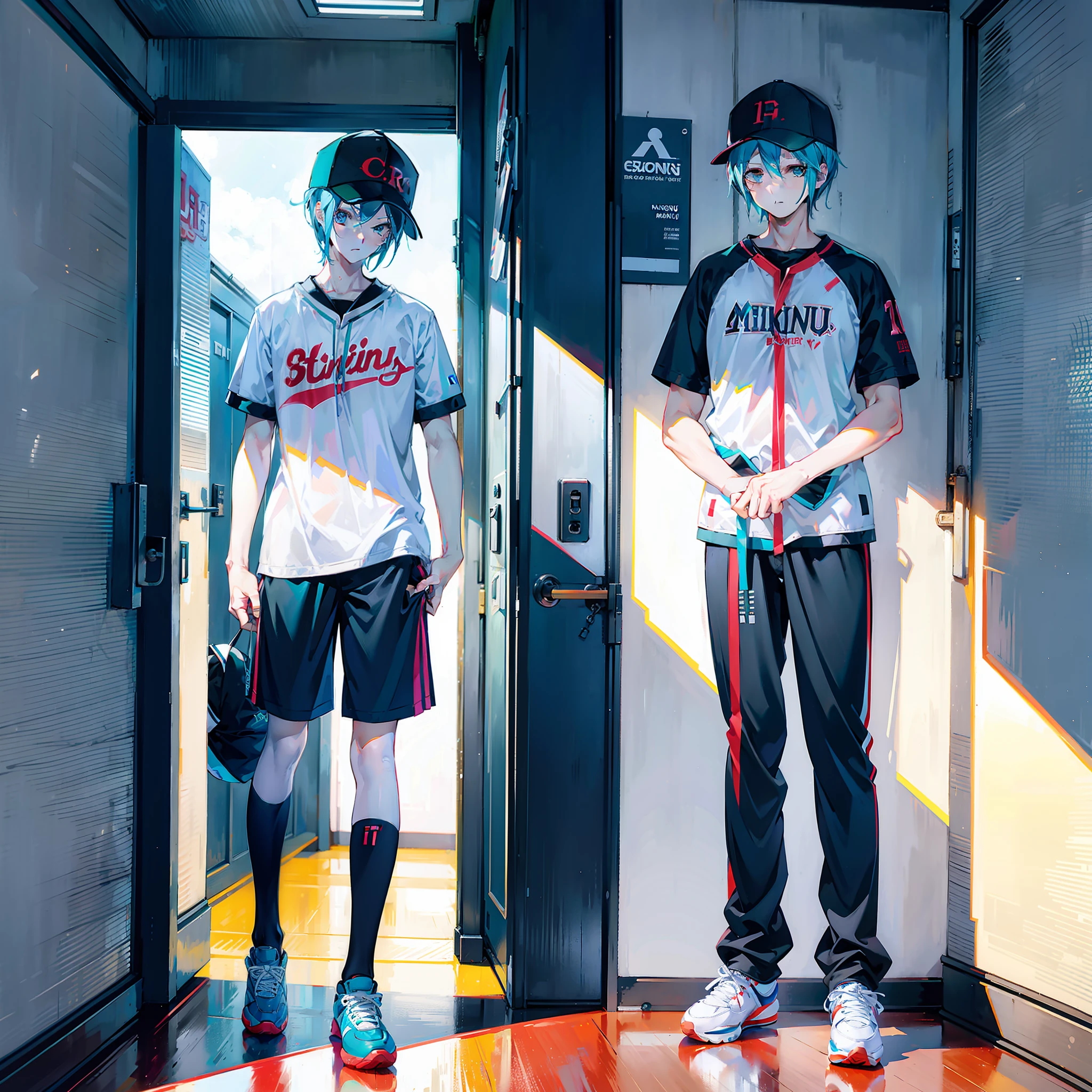 full bodyesbian,Big breasts Hatsune Miku,standing on your feet,The shirt,baseball cap, basketball ball, staredown,athletic sneakers,Tall,Above the door,two guys,Short men and tall women