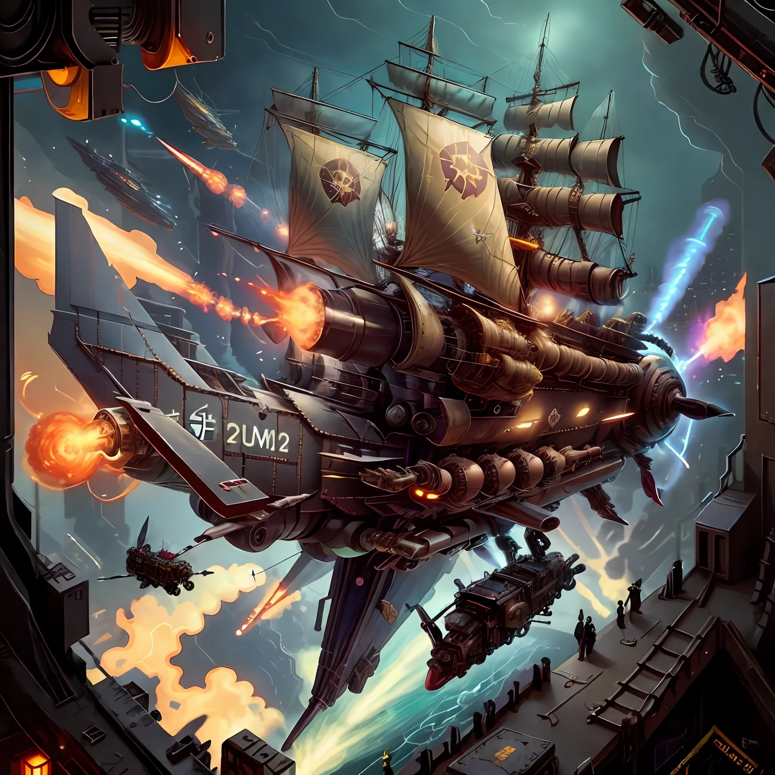 A player board for a steampunk board game that show a flying ship with guns and enging.