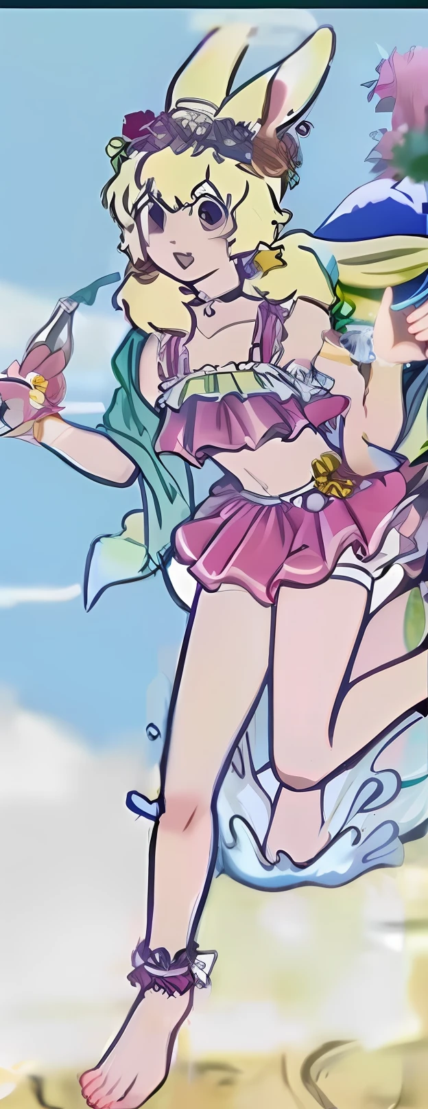 An anime image of a woman, wearing seashell attire, in a bathing suit, style of magical girl, clear outfit design, aya takano color style, elf girl wearing an flower suit, wearing pink floral chiton, wearing pearl neon bikini, bubblegum body, frilly outfit, asuka as a surfer model