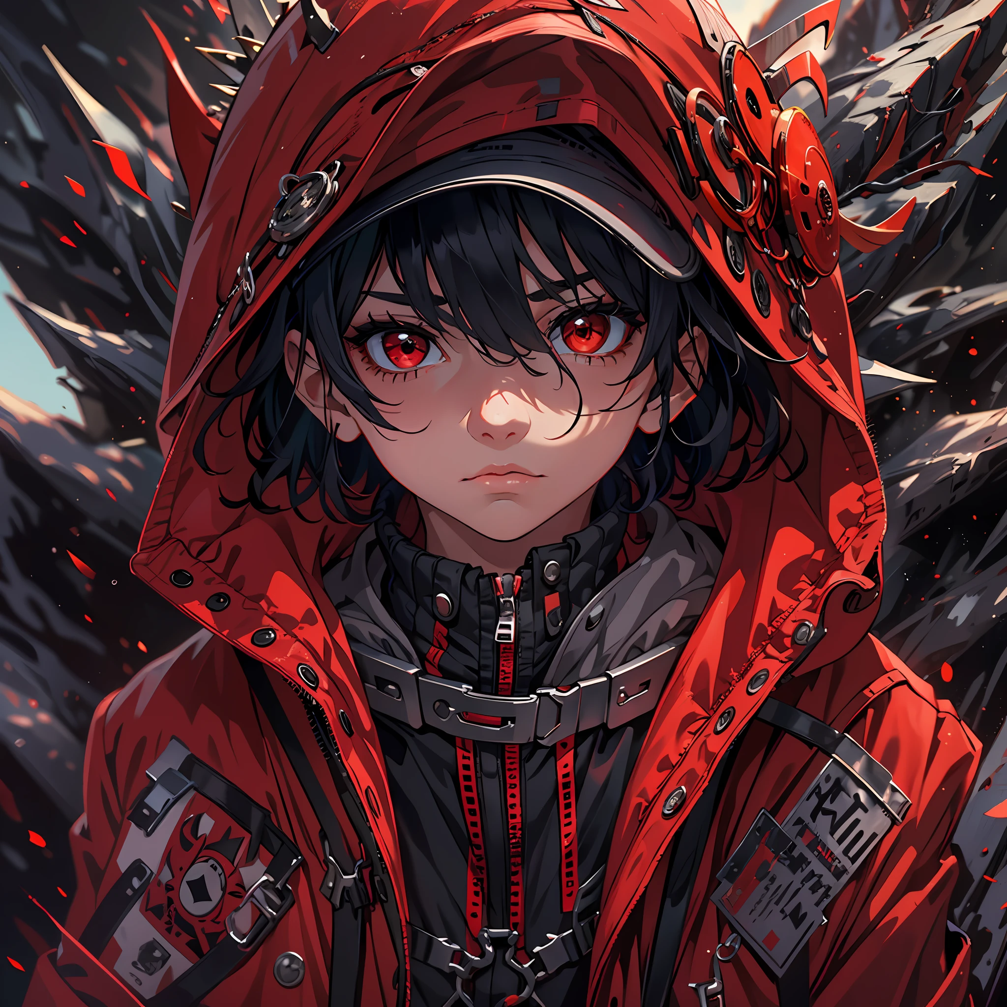 (absurdres, highres, ultra detailed),(Masterpiece, best quality:1.2),Trainer Red,1boy,wearing a black and red jacket,wearing a red and white hat,spiky black hair,red eyes, looking towards viewer, extremely detailed eyes, serious look,close up shot