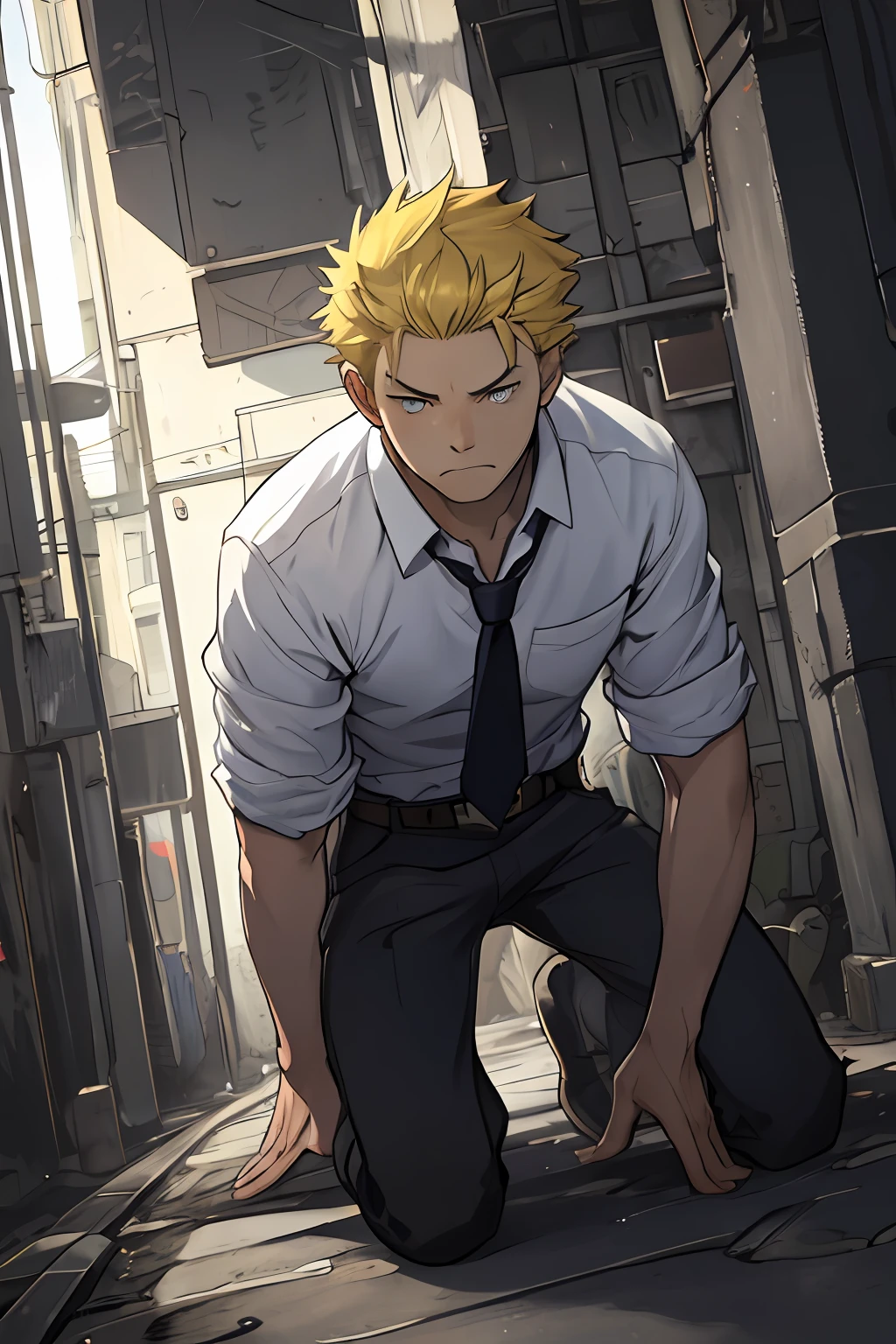 (1 Adult male),A high resolution, Sharp focus, Pixiv masterpiece, ((Complicated details)), highly detailed, natsuki_subaru, 1 man,Defeat, crestfallen,full bodyesbian,kneels on the ground, (A gesture of pleading),blue color eyes(eyes glowing), Short yellow hair,white shirt,Wear a tie,Wear a belt,perspire,look from down