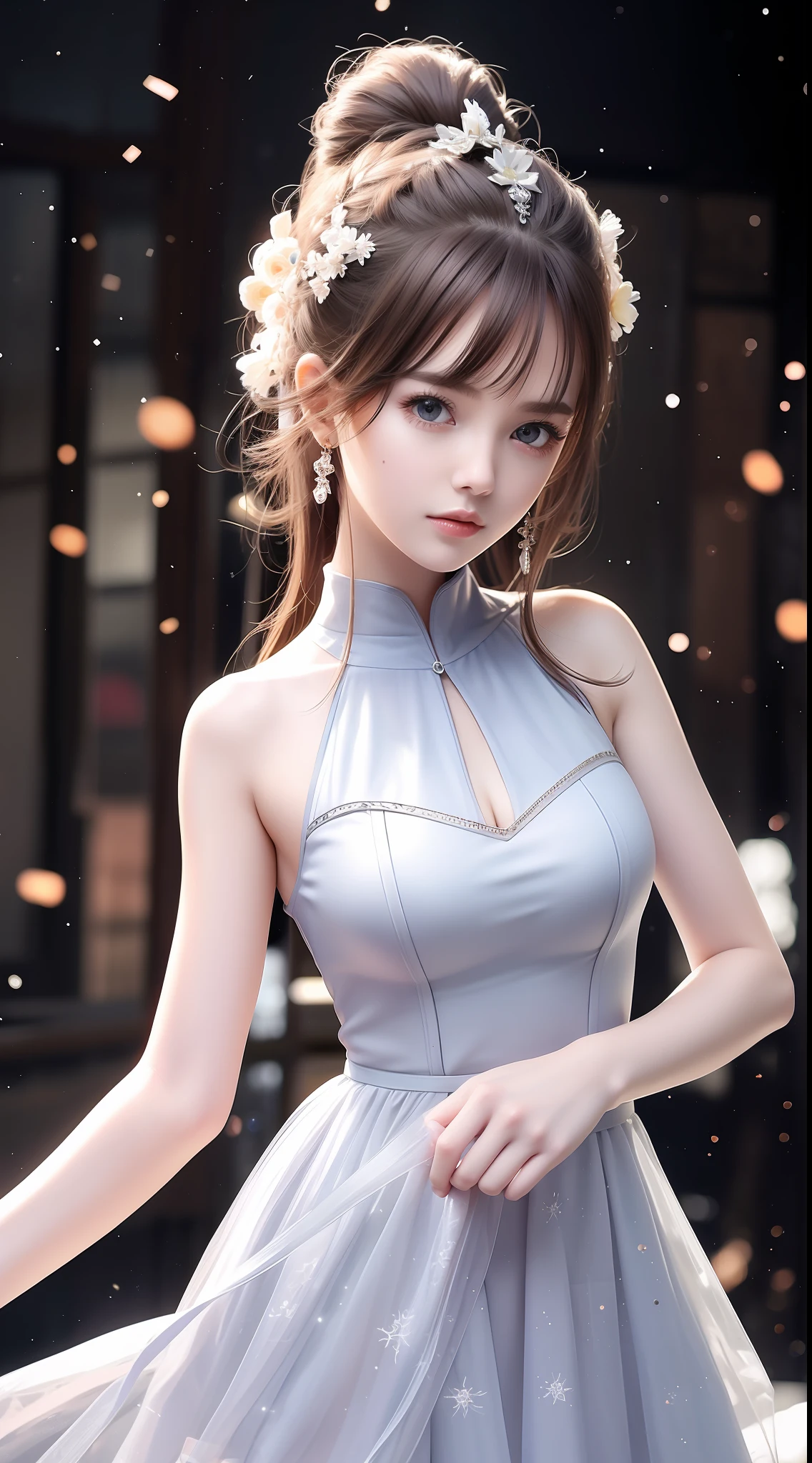 4k ultra hd, masterpiece, very high quality, a girl, age 20 years old girl, good face, smooth face, detailed eyes, beautiful hair, very long hair, hair band, cute look, silver party clothes, dilver shining dress, night club, party lighting, in the club, on the stage, whole body capture,