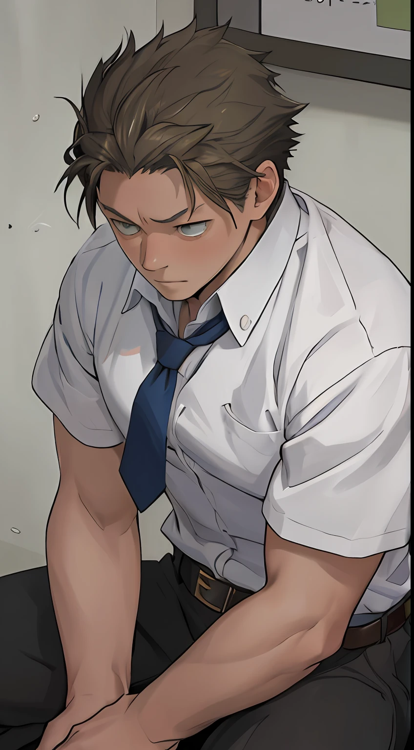 （1 Adult male），A high resolution， Sharp focus， Pixiv masterpiece， （（Complicated details））， highly  detailed， natsuki_subaru， 1 man，Defeat， crestfallen，full bodyesbian，kneels on the ground， （A gesture of pleading），blue color eyes（eyes glowing）， Short yellow hair，white  shirt，Wear a tie，Wear a belt，perspire，look from down