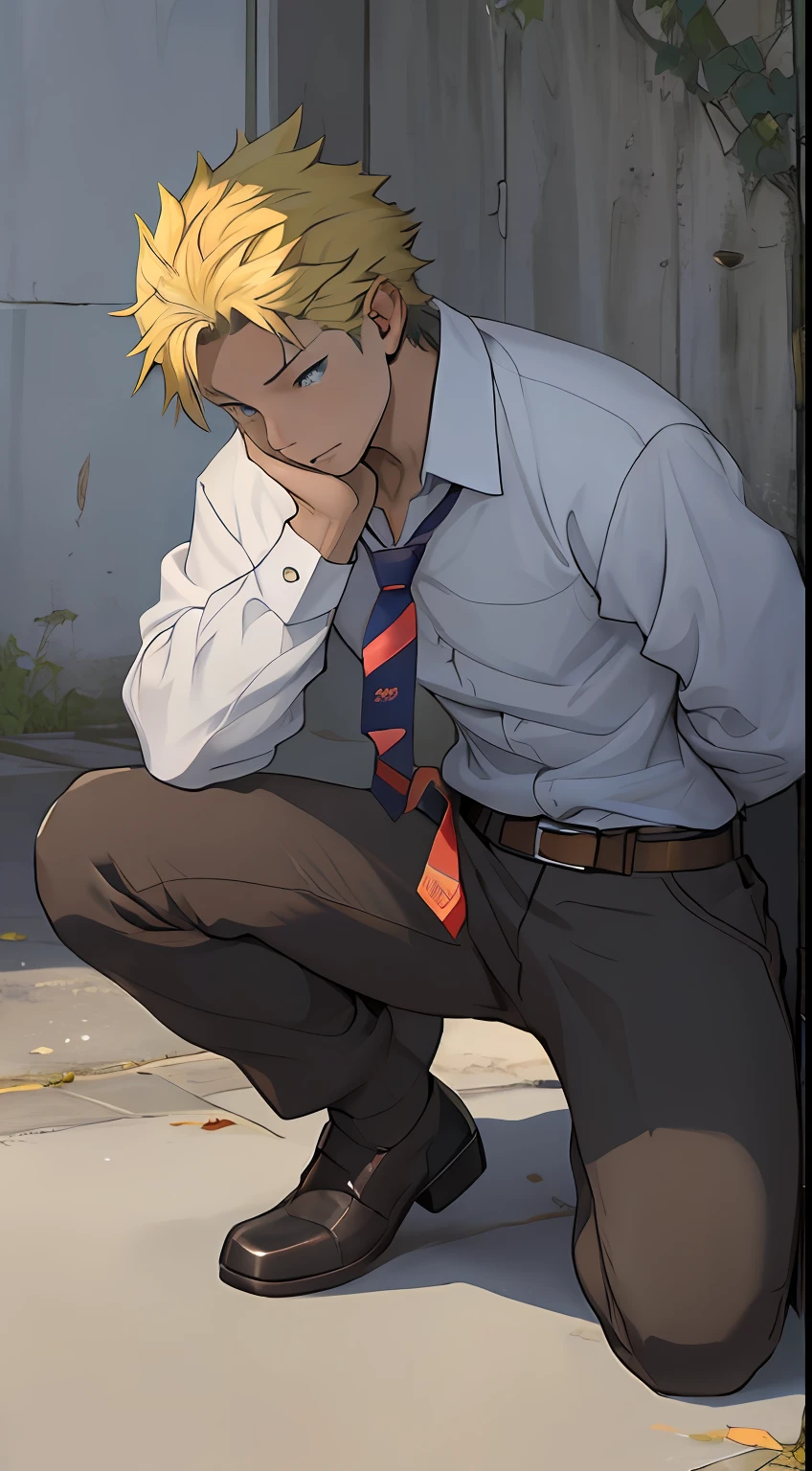 (1 Adult male),A high resolution, Sharp focus, Pixiv masterpiece, ((Complicated details)), highly detailed, natsuki_subaru, 1 man,Defeat, crestfallen,full bodyesbian,kneels on the ground, (A gesture of pleading),blue color eyes(eyes glowing), Short yellow hair,white shirt,Wear a tie,Wear a belt,perspire,look from down