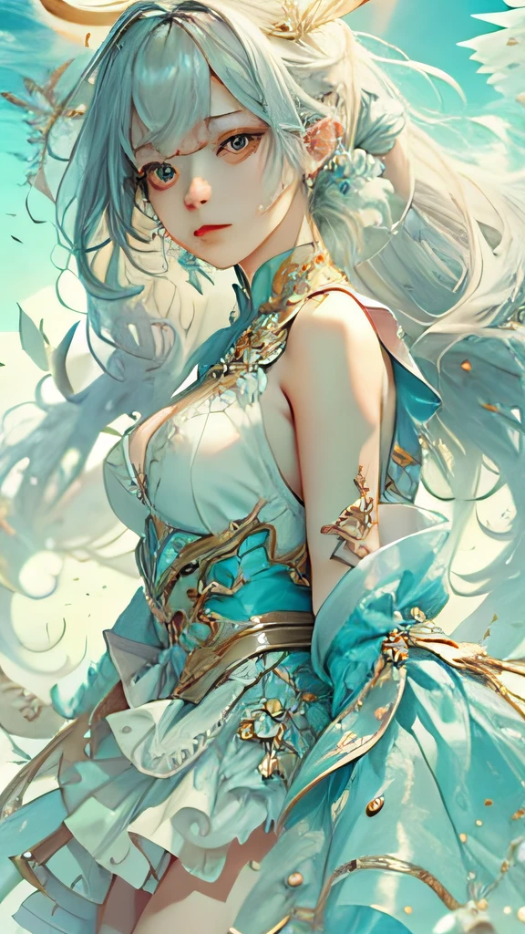 (best qualtiy), ((tmasterpiece)), 1个Giant Breast Girl,(独奏),full-body portraits, Delicate face, looking at viewert, Firm eyes, exposed bare shoulders,Exquisitehands, Um ser celestial, light particules, The halo,the ocean, Full of energy, Colorful colors, (Bio-luminescence),(Detailed composition), 电影灯光