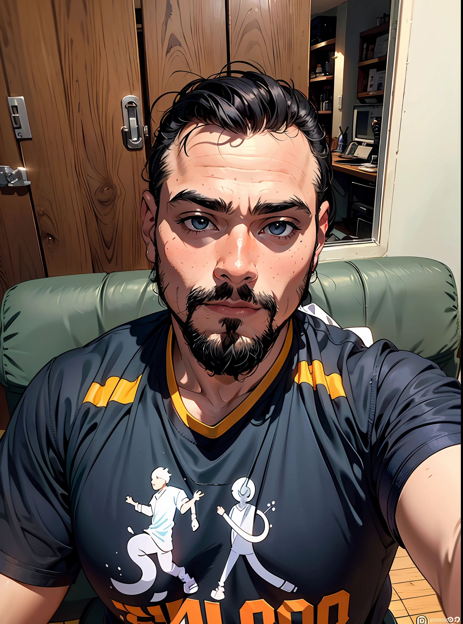 There's a man with a beard and shirt who says Projetts, Fotografia selfie 8k, imagem de qualidade muito baixa, (30 anos), Homem de 3 0 anos, foto de perfil 1024px, imagem de perfil, lindo, belo, homen bonito