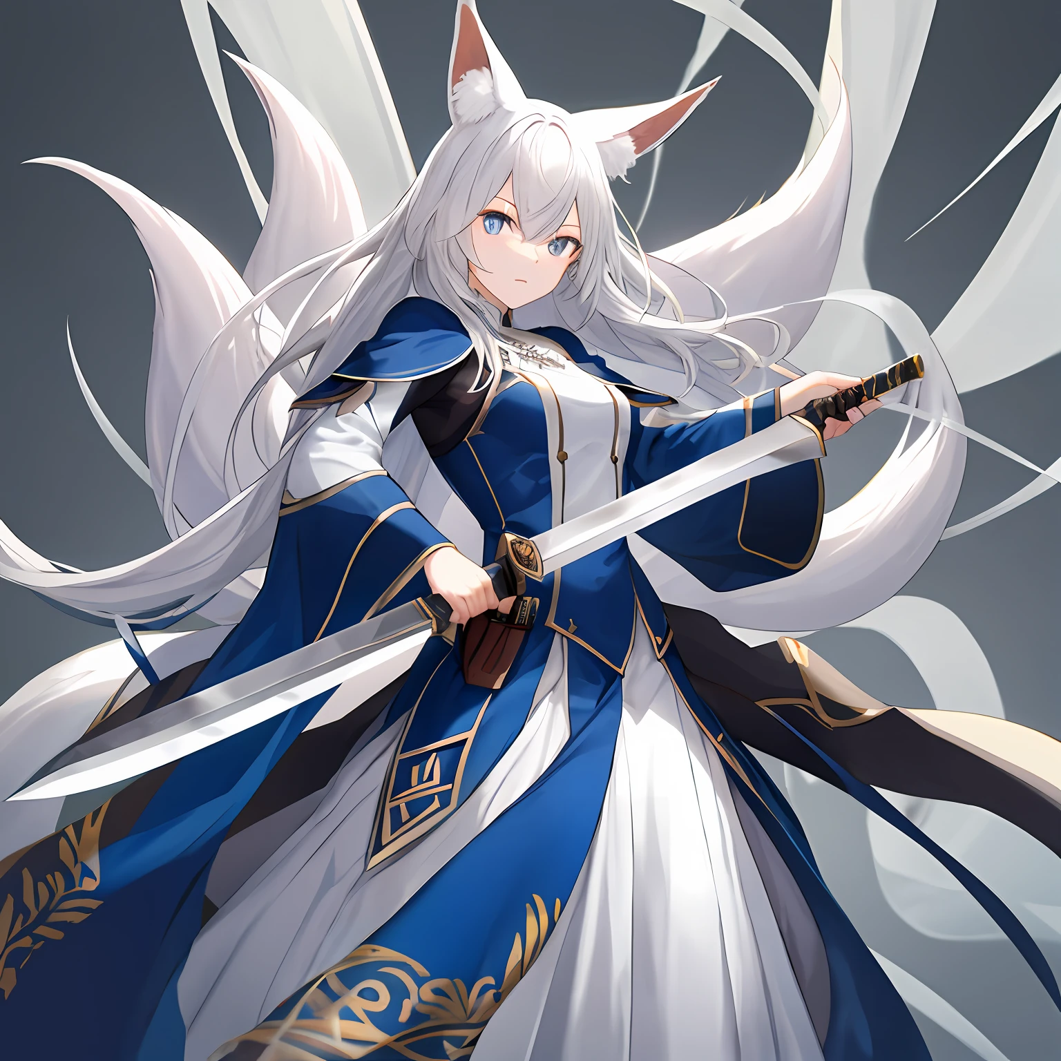 Fox ears，whaite hair，good eyes looking，White and blue costume clothes，Armed with a long knife
