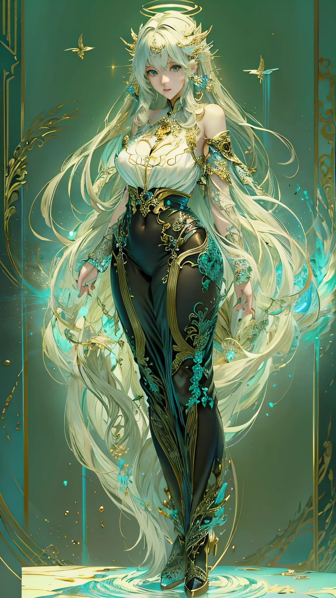 (best qualtiy), ((tmasterpiece)), 1个Giant Breast Girl,(独奏),full-body portraits, Delicate face, looking at viewert, Firm eyes, exposed bare shoulders,Exquisitehands, Um ser celestial, light particules, The halo,the ocean, Full of energy, Colorful colors, (Bio-luminescence),(Detailed composition), 电影灯光