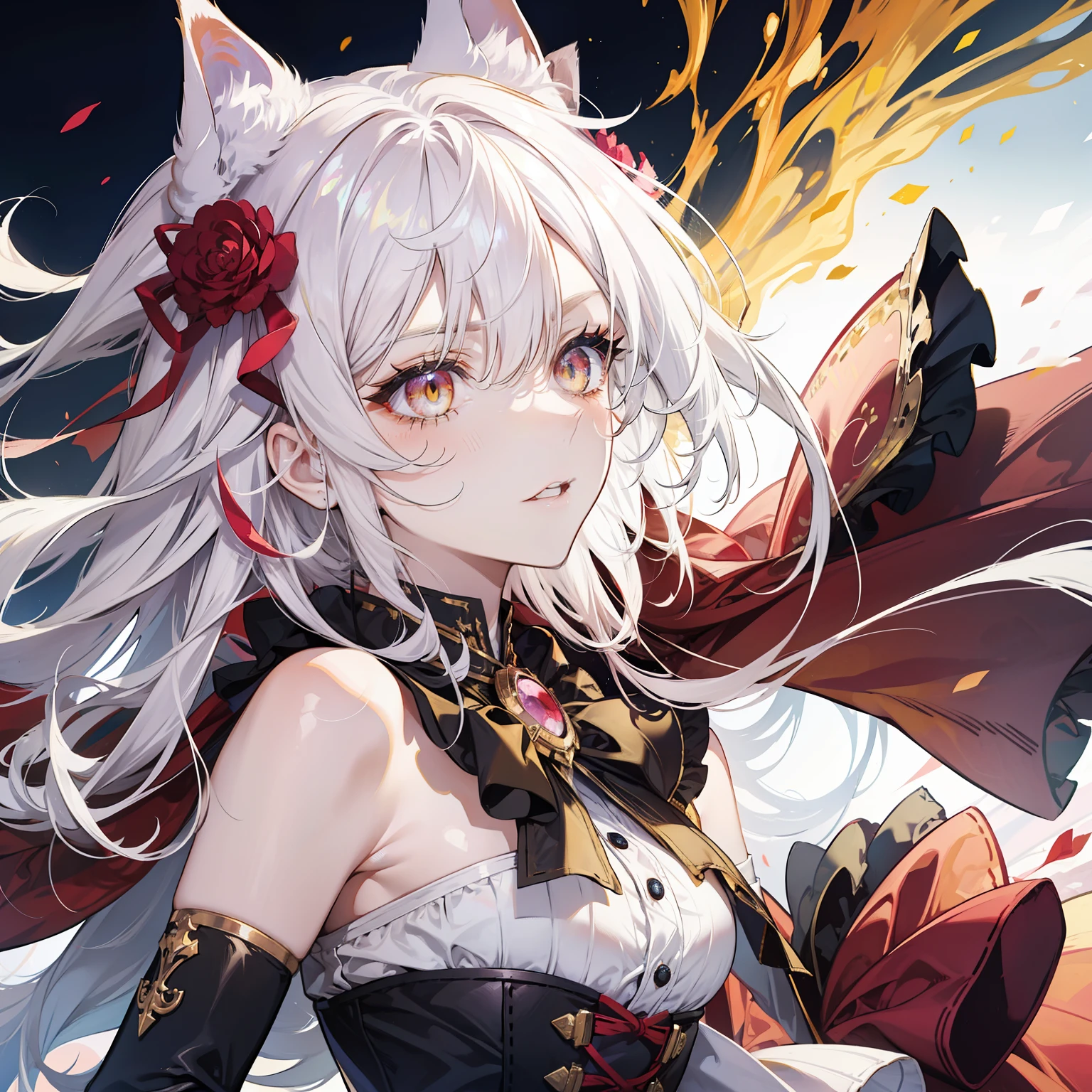 cat ears girl，White hair and golden eyes，Red eyeshadow