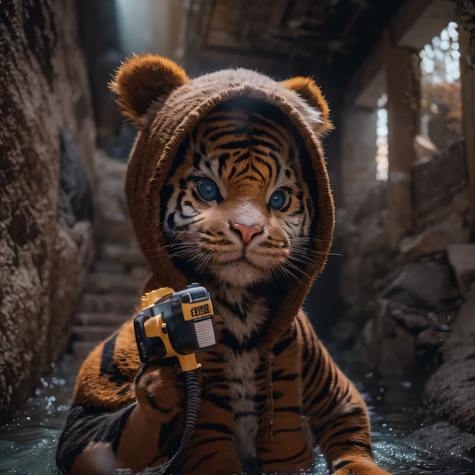 Canyon area，Tigger head，Linen cloak（tmasterpiece，k hd，hyper HD，16k）（Tough guy）brunette color hair，15 years old，shadowboxing，Black and red hoodie，Water gun in hand， best qualtiy， hyper HD， （realisticlying：1.4），Half sideways， A high resolution， the detail， RAW photogr， Sharp Re， Nikon D850 Film Stock Photo by Jefferies Lee 4 Kodak Portra 400 Camera F1.6 shots, Rich colors, ultra-realistic vivid textures, Dramatic lighting, Unreal Engine Art Station Trend, cinestir 800，