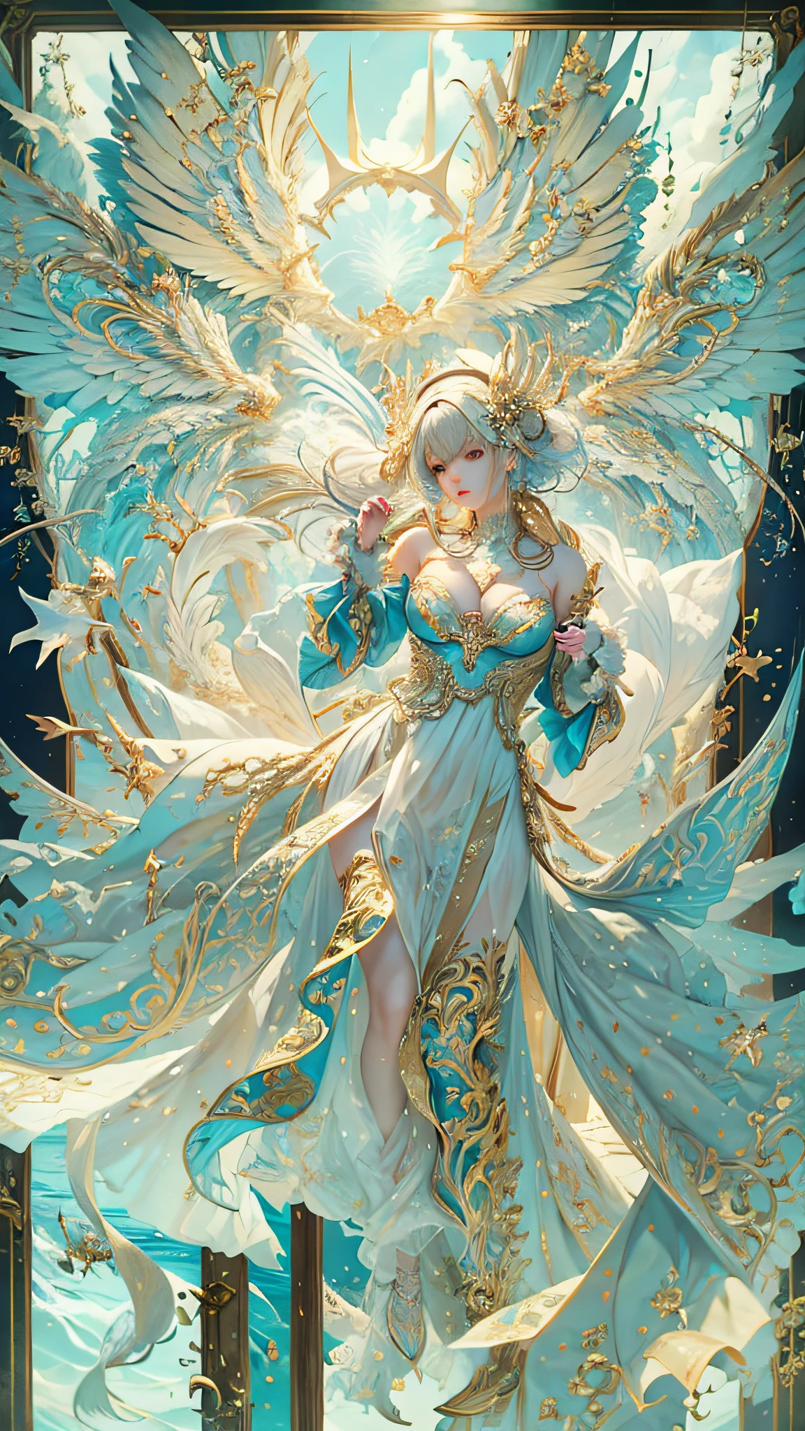 （best qualtiy）， （（tmasterpiece））， 1个Giant Breast Girl，（独奏），full-body portraits， Delicate face， looking at viewert， Firm eyes， exposed bare shoulders，Exquisitehands， Um ser celestial， light particules， The halo，the ocean， Full of energy， Colorful colors， （Bio-luminescence），（Detailed composition）， 电影灯光