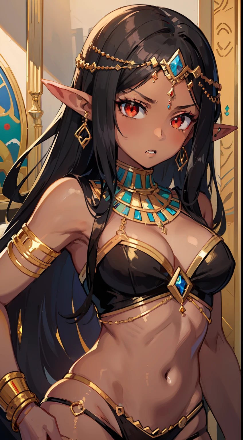 Young black girl, black skin, Long black hair, elf ears, red-eyes, Egyptian Princess, golden jewelery, anger, Masterpiece, hiquality