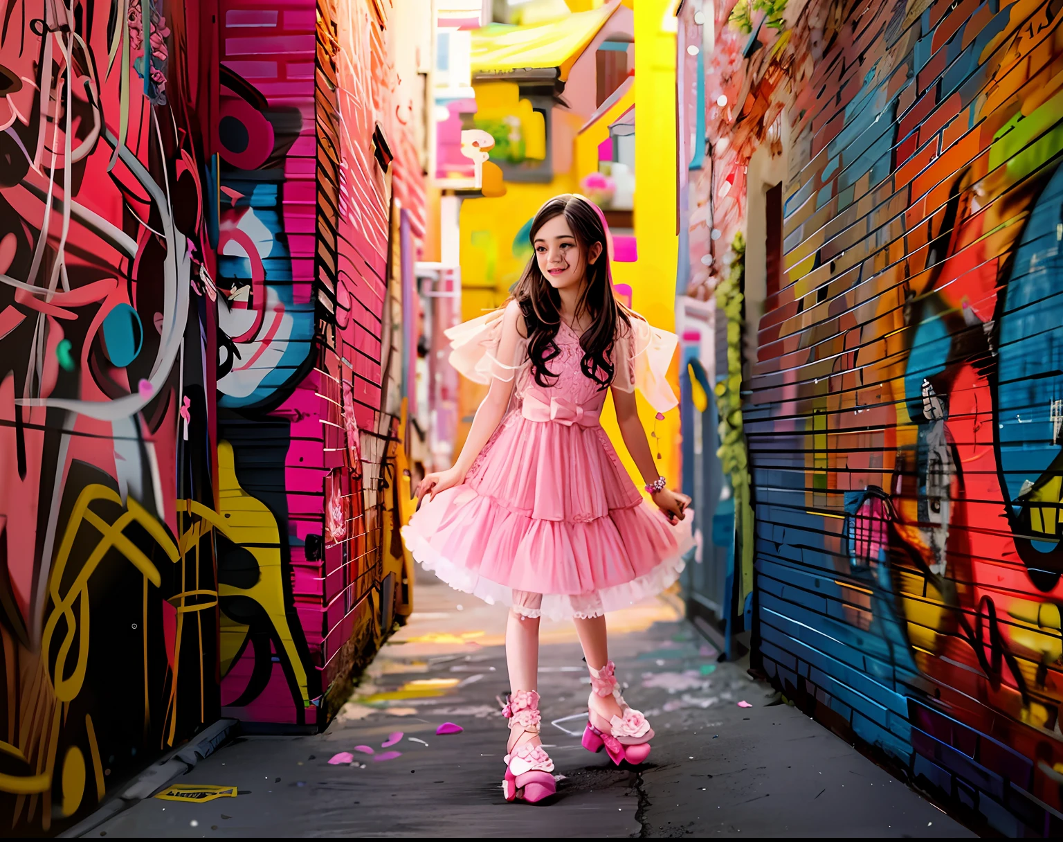 Arafed woman in a pink dress and pink shoes standing in an alley, fotografia de moda full shot, wearing a pink romantic tutu, wearing pink romantic tutu, grafite ao fundo, vestido com um vestido rosa, cor-de-rosa, grafite no fundo, The walls are pink, usando um vestido rosa, romantic rose tutu, wearing a pink ballroom gown, foto de moda premiada