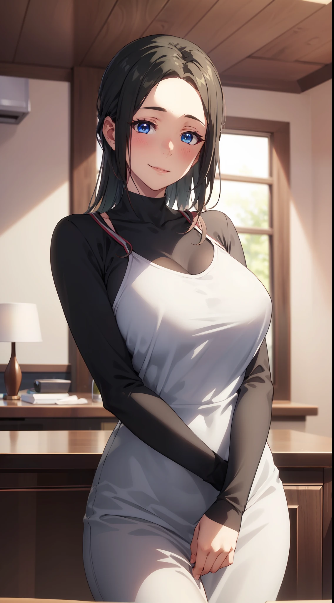 masterpiece, (best quality), 1woman,1girl ,haruhiko_ichijou_mother,  black hair, long hair,  (blue eyes),gown, (honeymoon),big breasts ,(suggestive:1.2), ,sexy woman,smile, hair between eyes, long sleeves,, embarrassed,blush,  , vibrant colors ,natural lighting  ,RTX,  , beautiful, (detailed face:1.2), showcase, (perfect eyes:1.1) ,(photorealistic:1.1), 8k uhd,  looking at viewer, indoors,  simple backround,