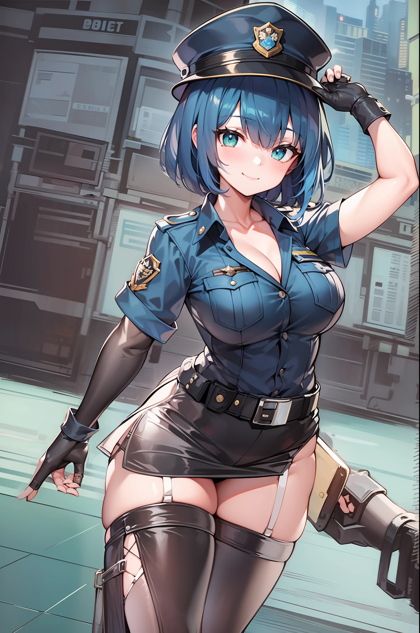 1girl, police, police uniform, policewoman, solo, gloves, breasts, thigh highs, hat, uniform, black gloves, skirt, cleavage, belt, blue hair, short hair, fingerless gloves, police hat, smile, garter straps, mole on breast, looking at the viewer, short sleeves, shirt, simple background, white background, blue shirt, mole, side slit, pencil skirt, large breasts, miniskirt, black skirt, closed mouth, cowboy shot, green eyes, blue headwear, hand up, black belt, collarbone, bangs, flat color, alternate costume, artist name, buckle, brown thigh highs, standing, belt buckle, lines, black headwear, transparent background, character name, split-mouth, medium hair, thighs, bob cut, pocket, black shirt, breast pocket, dark blue hair, buttons, head tilt green eyes