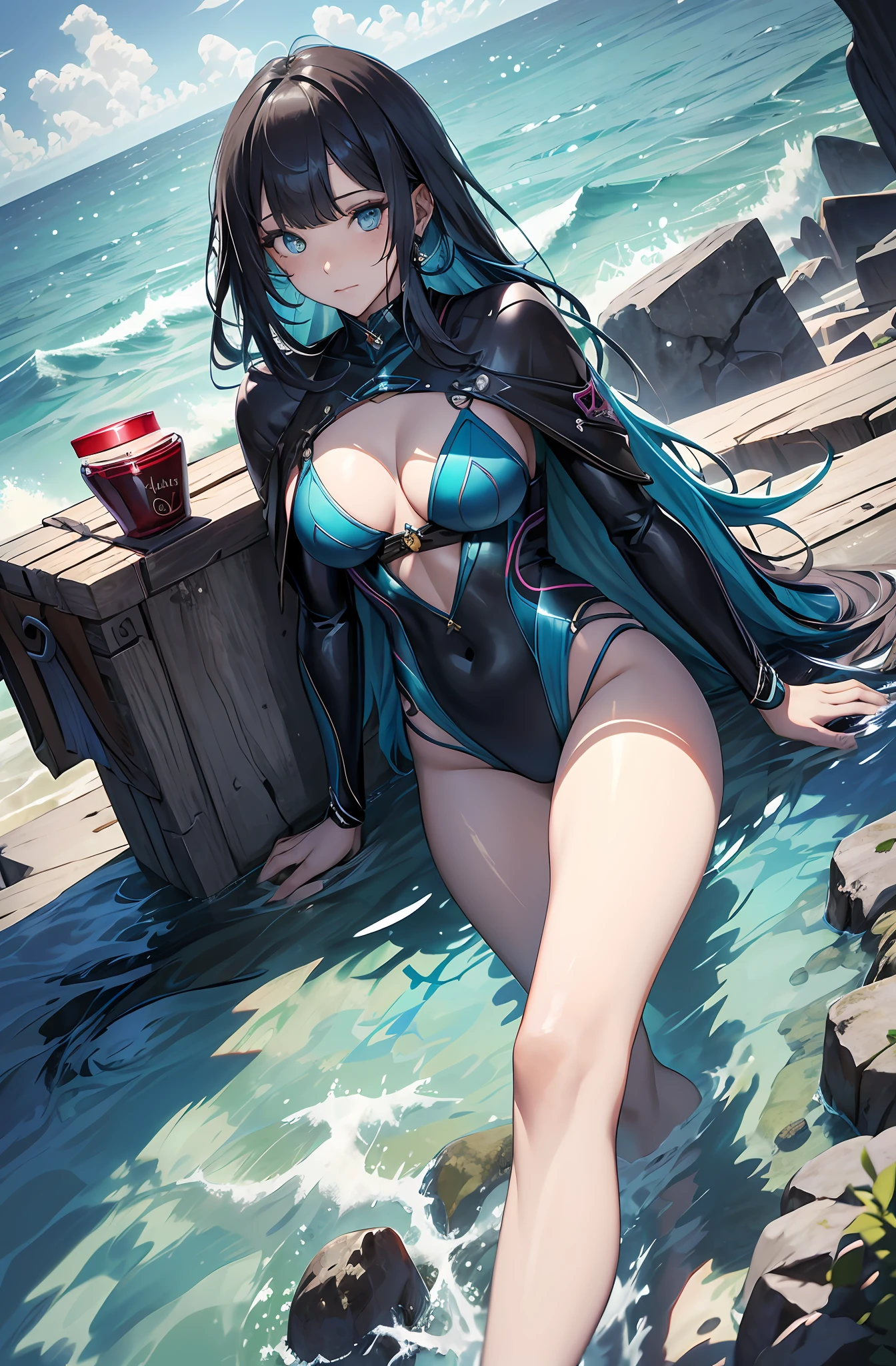 best qualityer,tmasterpiece,Ultimate resolution,downy,Extremely colorful,Colorful,Mermaid princess,cabellos largos dorados,a matural female,blue bikini,The kinky is exposed,The barefoot,the ocean,blue skinsuit,Normal posture