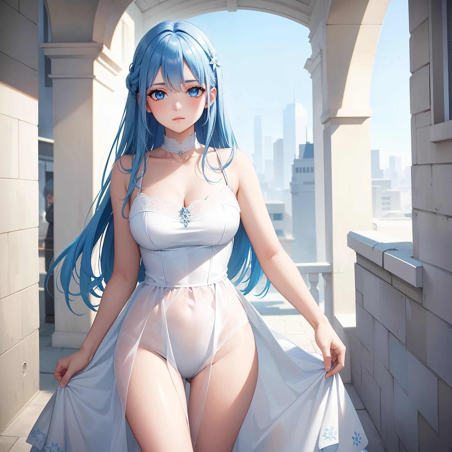 a women, blue hair, blue eyes, white dress