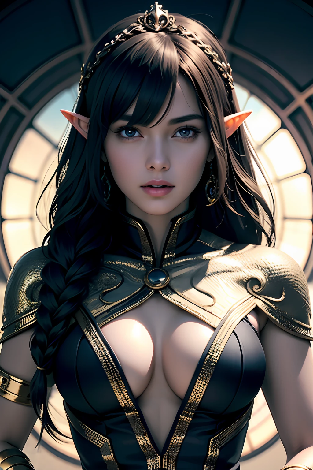 Ultra-detailed complex 3D rendering of face, (Colossal: 8.8), (masterpiece, top quality, octane rendering, 8K), glamour shot full body image, very beautiful young elf, cleavage, (very detailed skin: 1.2), (exposure: 1.1), brown-haired, ((wearing a plummeted open shirt of white silk: 1.10)), beautiful Caucasian woman with black skin with full soft breasts with big buttocks, Single, long braided hair, big breasts, dynamic angle, mystical expression, ultra-realistic photo, (((portrait)))), bare feet, futuristic urban background, facial muscles, detailed and beautiful queen gold crown, in the style of Marvel Comics, ArtStation trends, clear focus, studio photography, intricate details, very detailed, detailed red eyes, very detailed, Sharp Focus, Digital Rendering, Professional, Abs, Dark Grey Background,