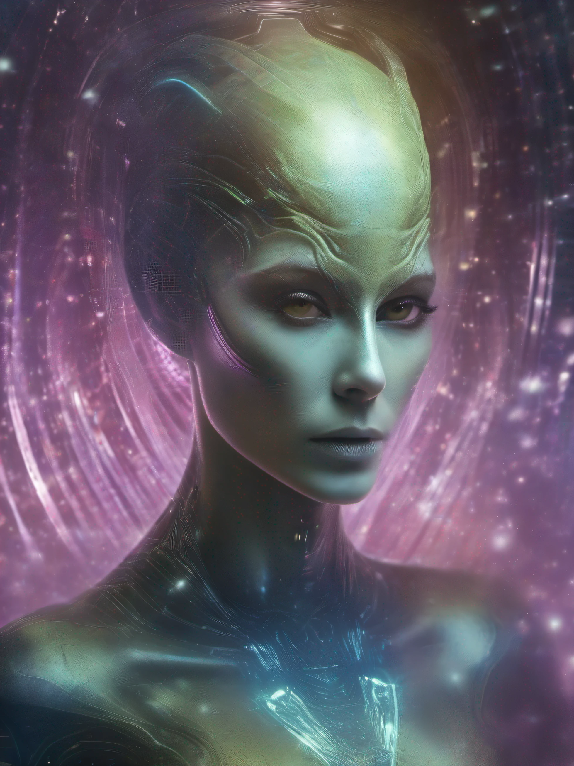 Ghostly portrait of a futuristic alien from another dimension creator of the universe with powerful ancient magic from an unknown dimension