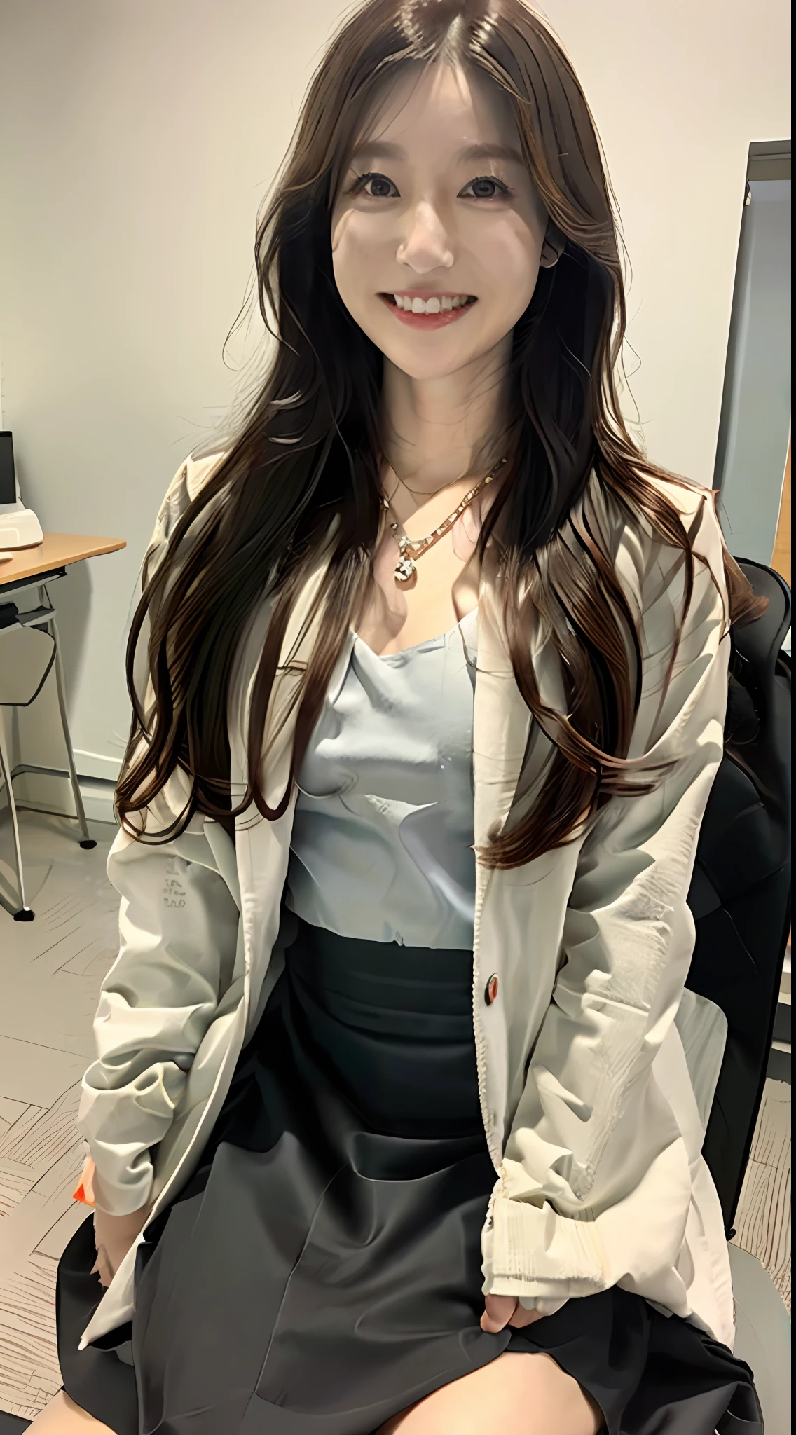 ((top-quality、8K、masterpiece:1.3))、((1womanl))、((A Japanese Lady))、((A MILF))、((45 yers old))、((slim figure))、((Female Ophthalmologist))、((Detailed eye examination room))、((Office Desk))、((Detailed office chair))、((Sitting on an office chair))、((beautifully detailed hair))、((Float NovaFrogStyle))、((Black hair Long hair))、((Extraordinary beauty))、((Beautiful and ultra-detailed face))、((Smiling kindly))、((Detailed lab coat))、((Beautiful and detailed scruff))、((Detailed necklace))、((Beautiful and detailed hands))、((Detailed long skirt))、(( Pulling up a skirt))、((Beautiful and detailed thighs))、((Luxurious and detailed white panties))、((Detailed beautiful legs))、