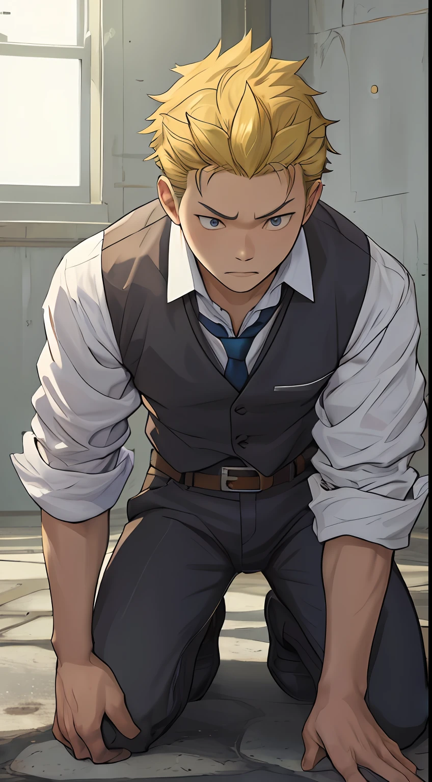(1 Adult male),A high resolution, Sharp focus, Pixiv masterpiece, ((Complicated details)), highly detailed, natsuki_subaru, 1 man,Defeat, crestfallen,full bodyesbian,kneels on the ground, (A gesture of pleading),blue color eyes(eyes glowing), Short yellow hair,white shirt,Wear a tie,Wear a belt,perspire,look from down