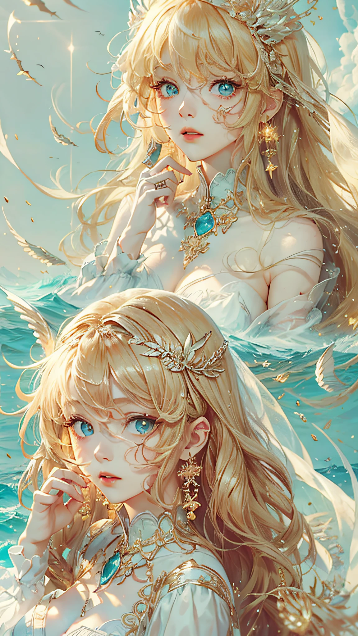 (best qualtiy), ((tmasterpiece)), 1个Giant Breast Girl,(独奏),half-body portrait, Delicate face, looking at viewert, Firm eyes, exposed bare shoulders,Exquisitehands, Um ser celestial, light particules, The halo,the ocean, Full of energy, Colorful colors, (Bio-luminescence),(Detailed composition), 电影灯光
