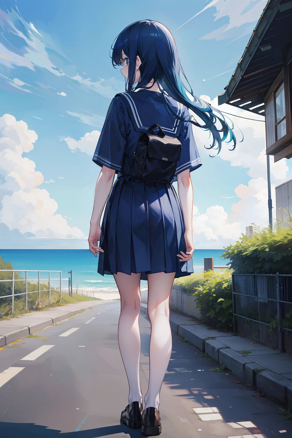 Standing on the way to the sea Dark blue school uniform Blue sky Town Turn back Dark blue hair Long hair Doubts