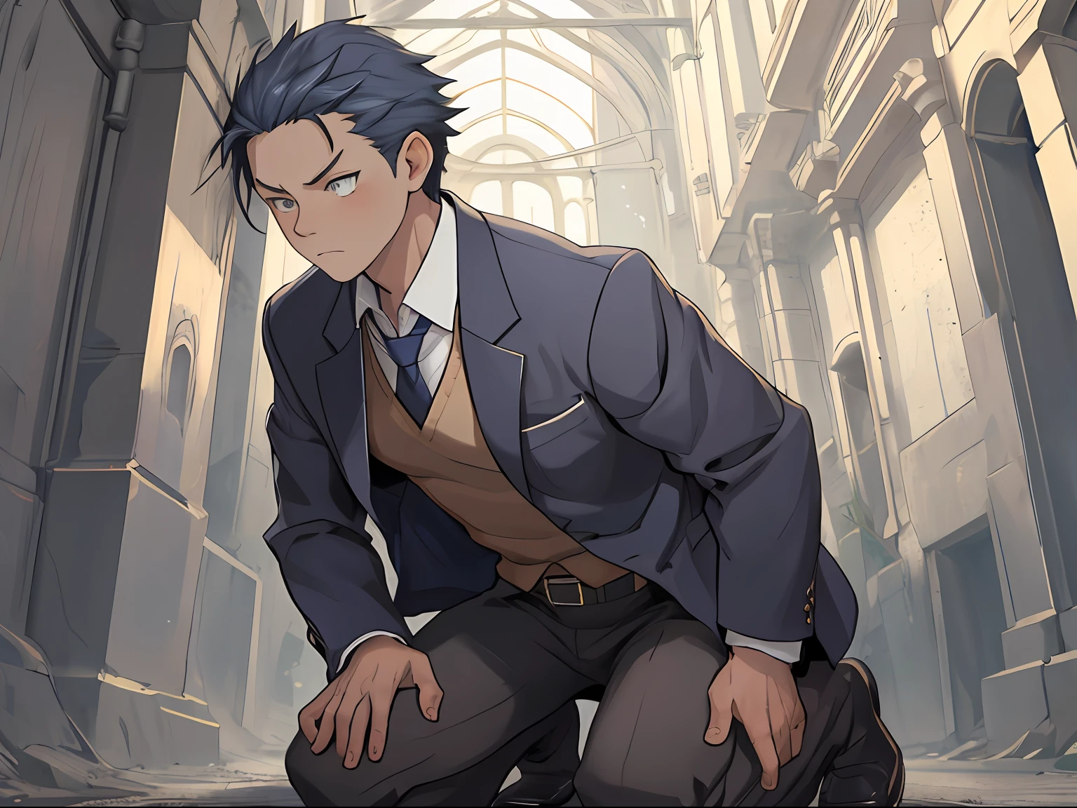(1 Adult male),A high resolution, Sharp focus, Pixiv masterpiece, ((Complicated details)), highly detailed, natsuki_subaru, 1 man,Defeat, crestfallen,full bodyesbian,kneels on the ground, (A gesture of pleading),blue color eyes(eyes glowing), Short yellow hair,white shirt,Wear a tie,Wear a belt,perspire,look from down